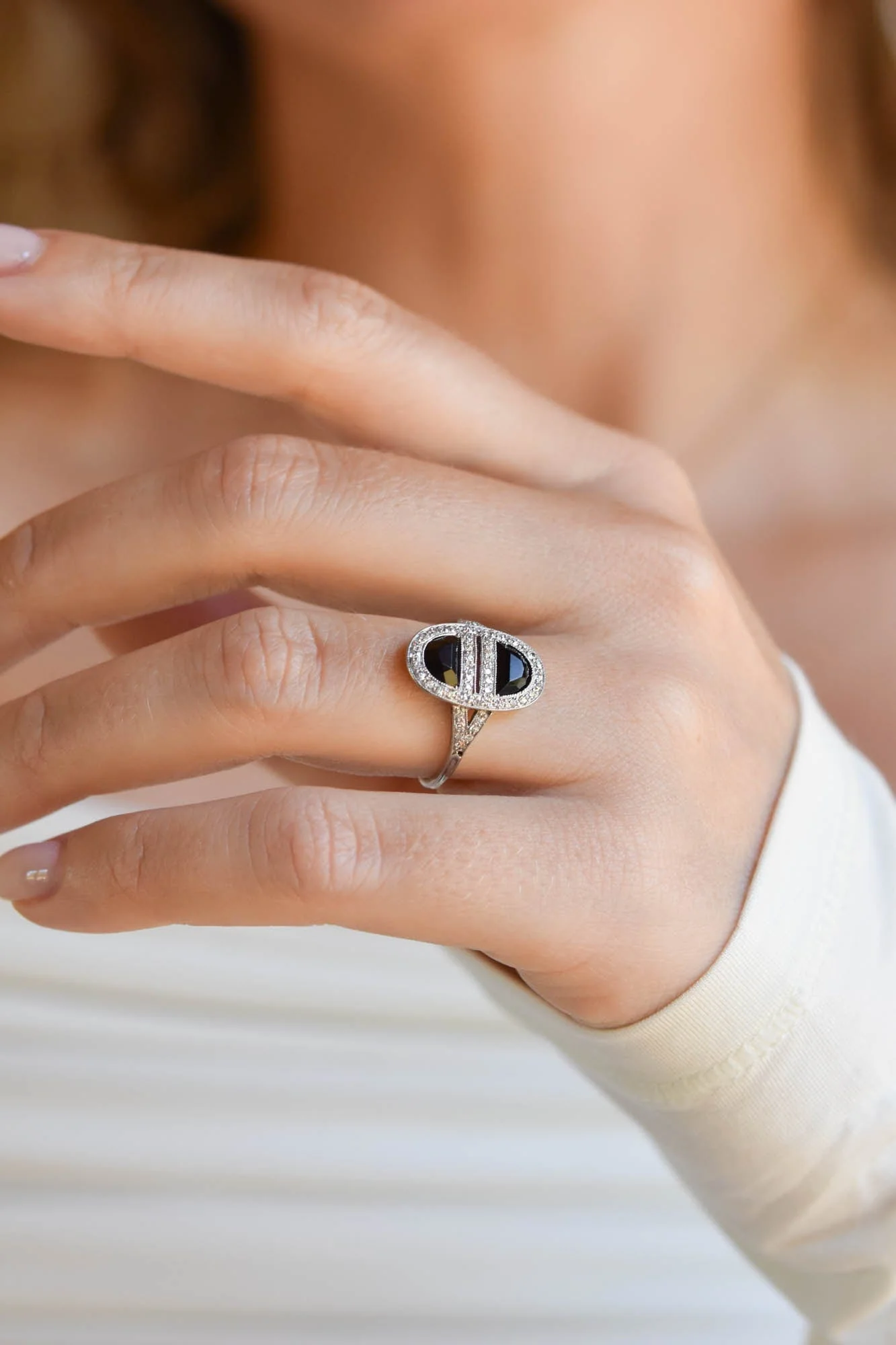 Art Deco J.E. Caldwell Platinum Onyx & Diamond Ring - Image 3