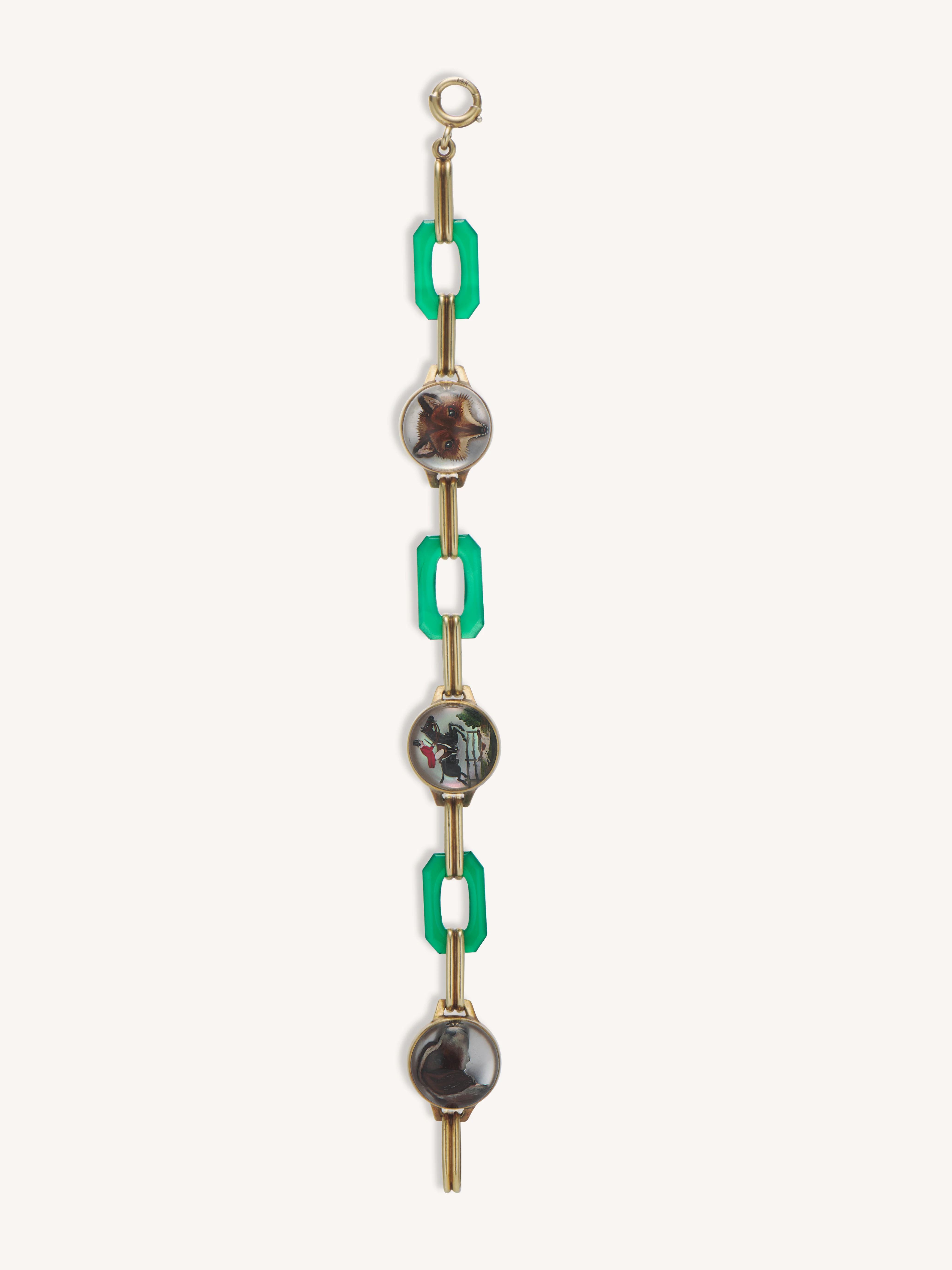 Antique Art Deco Essex Crystal & Chalcedony Fox Hunt Motif Link Bracelet - Image 4