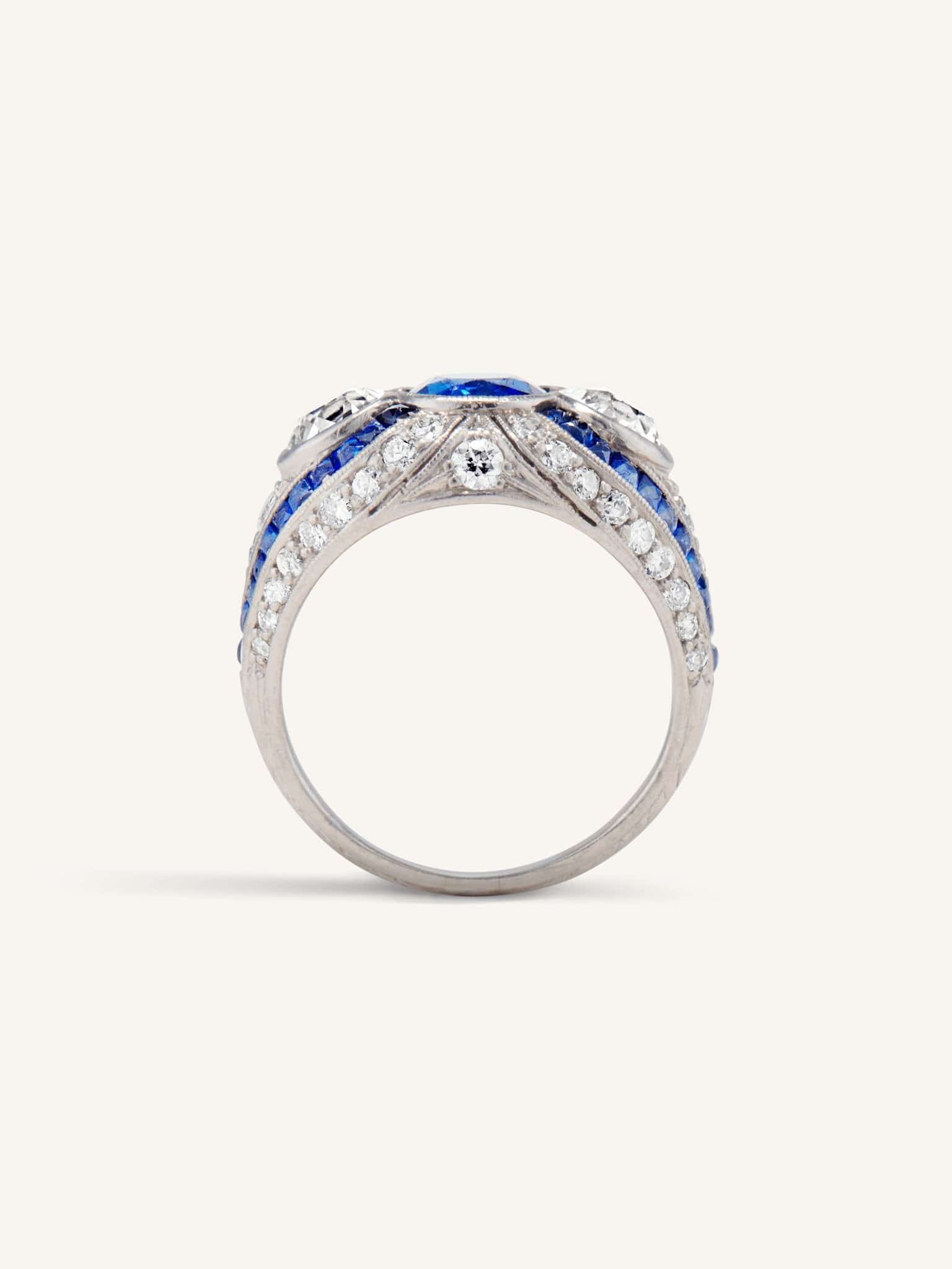 Art Deco Sapphire & Diamond Three Stone Vintage Dome Ring - Image 7