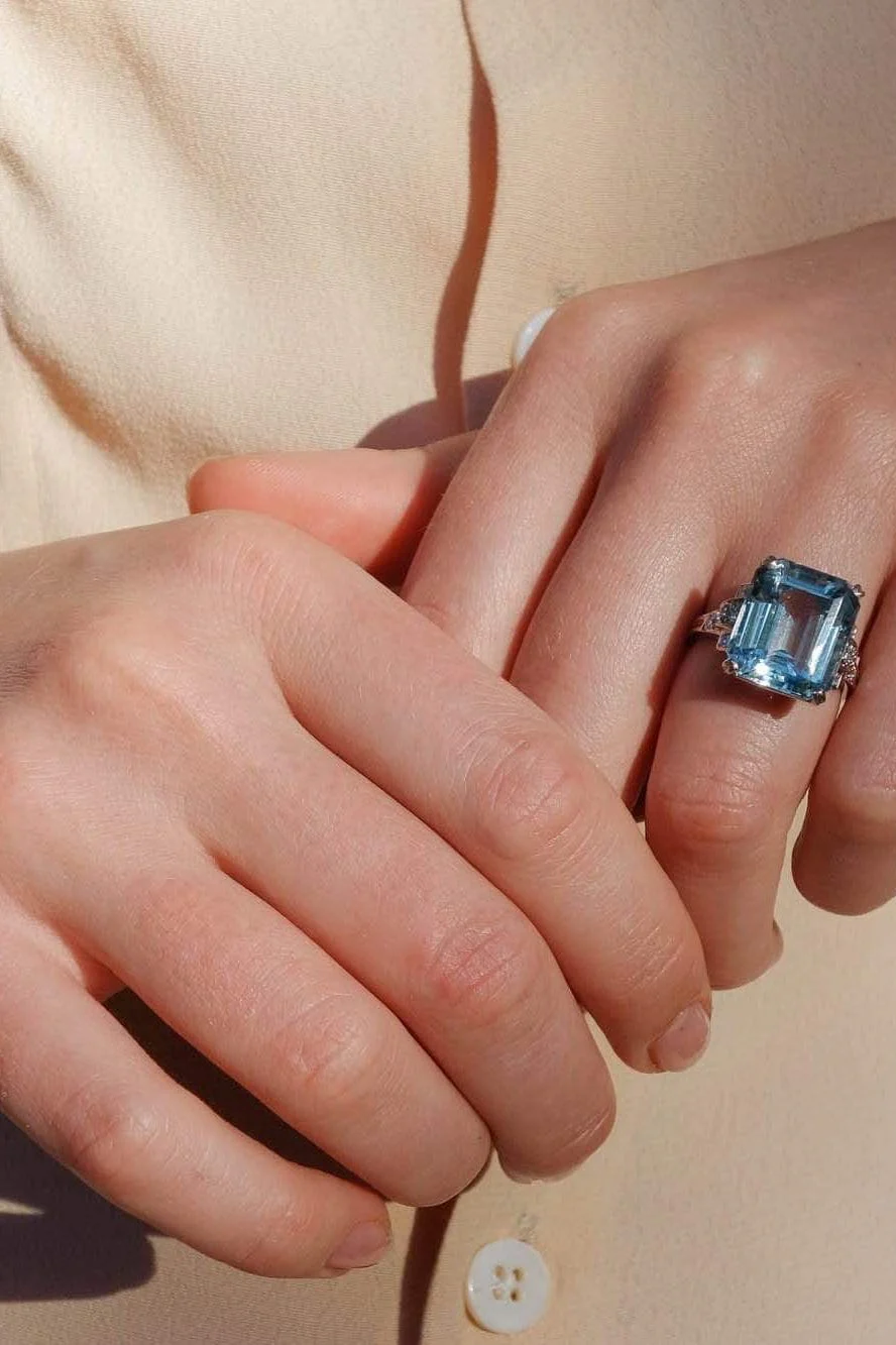 ART DECO TIFFANY & CO AQUAMARINE AND DIAMOND COCKTAIL RING - Image 6