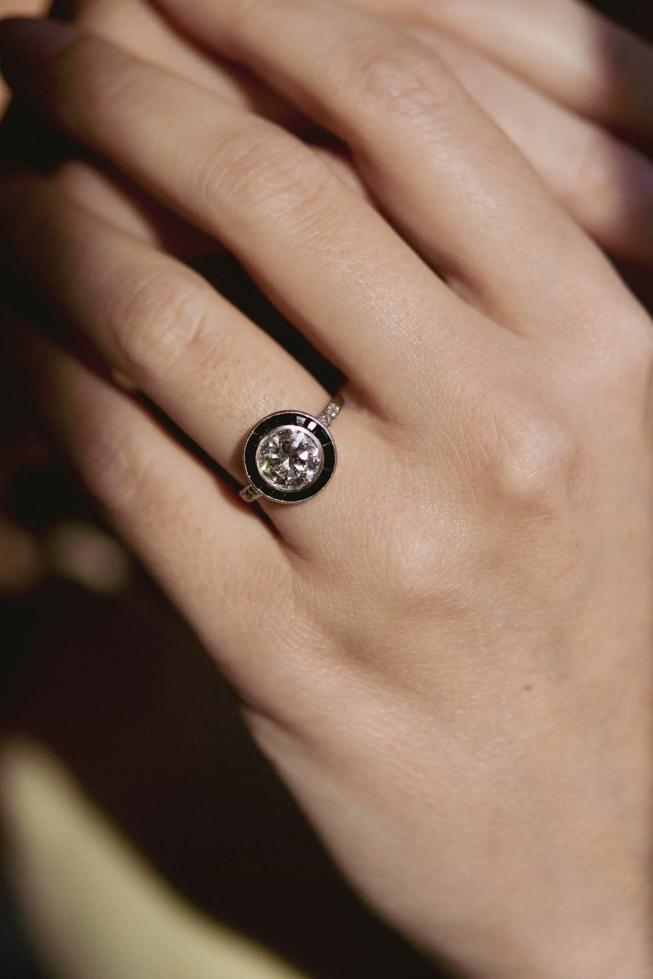 Art Deco 1.60 Transitional Cut Diamond Onyx Target Vintage Engagement Ring, France - Image 3
