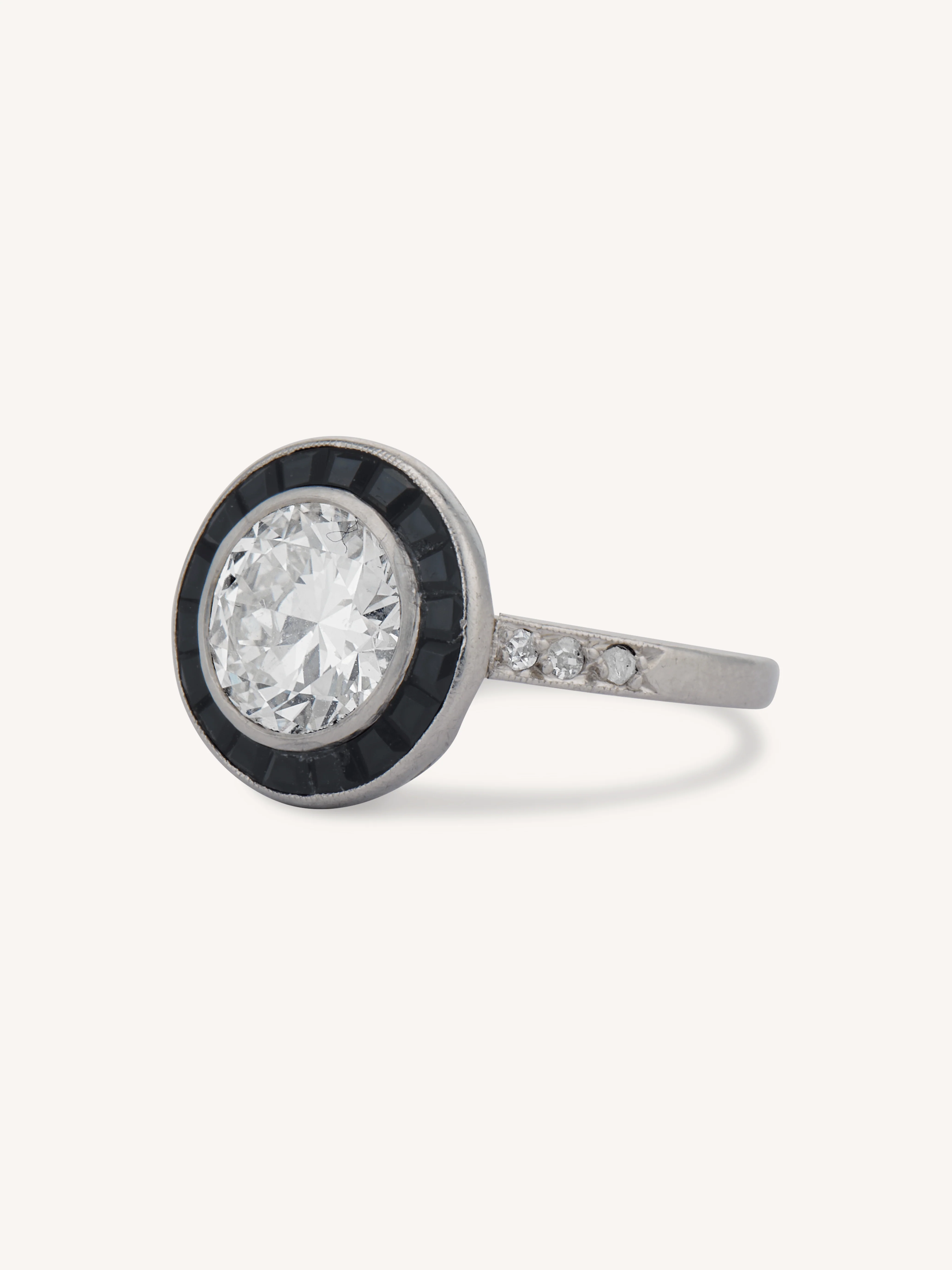 Art Deco 1.60 Transitional Cut Diamond Onyx Target Vintage Engagement Ring, France - Image 4