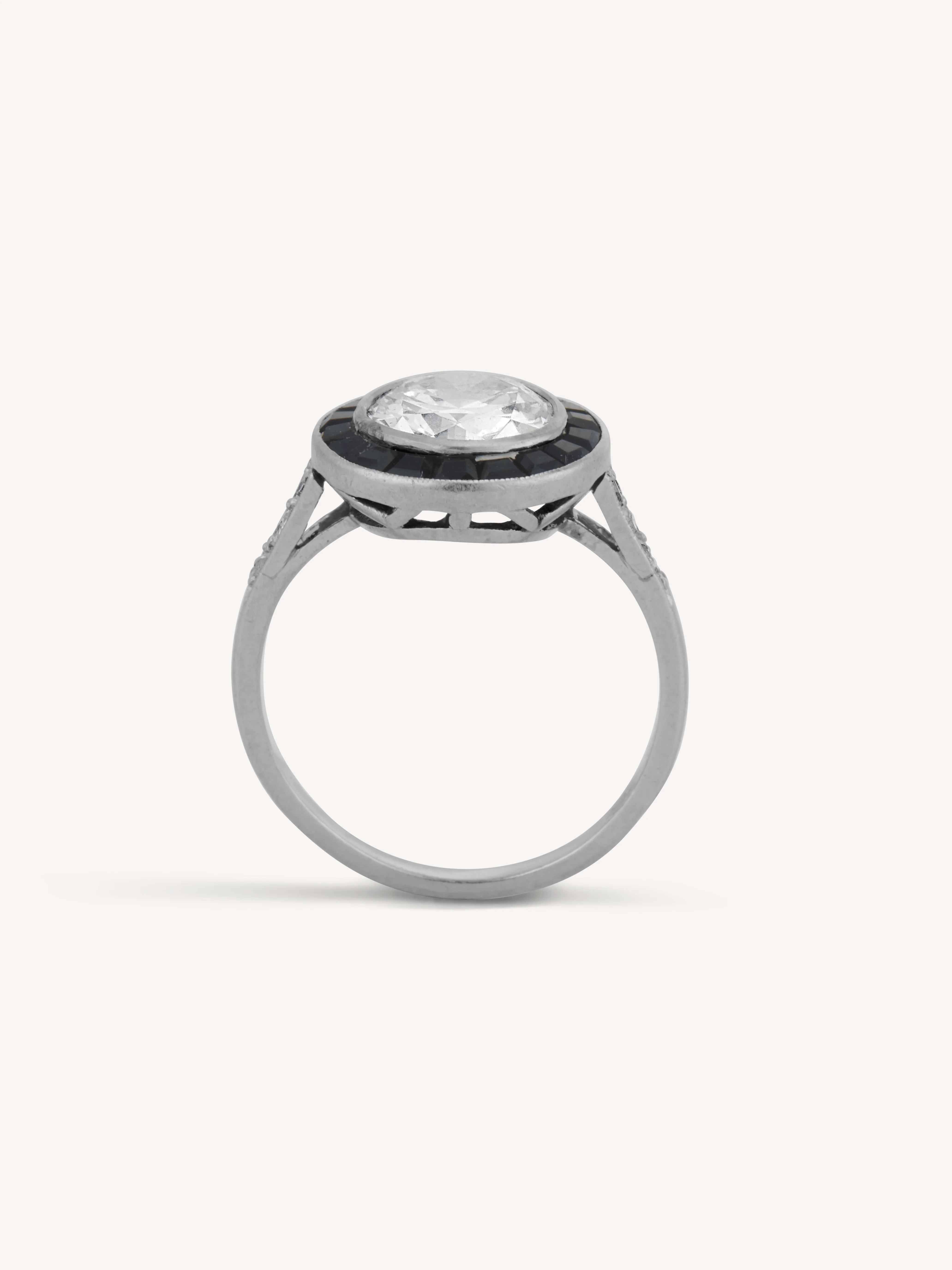 Art Deco 1.60 Transitional Cut Diamond Onyx Target Vintage Engagement Ring, France - Image 6