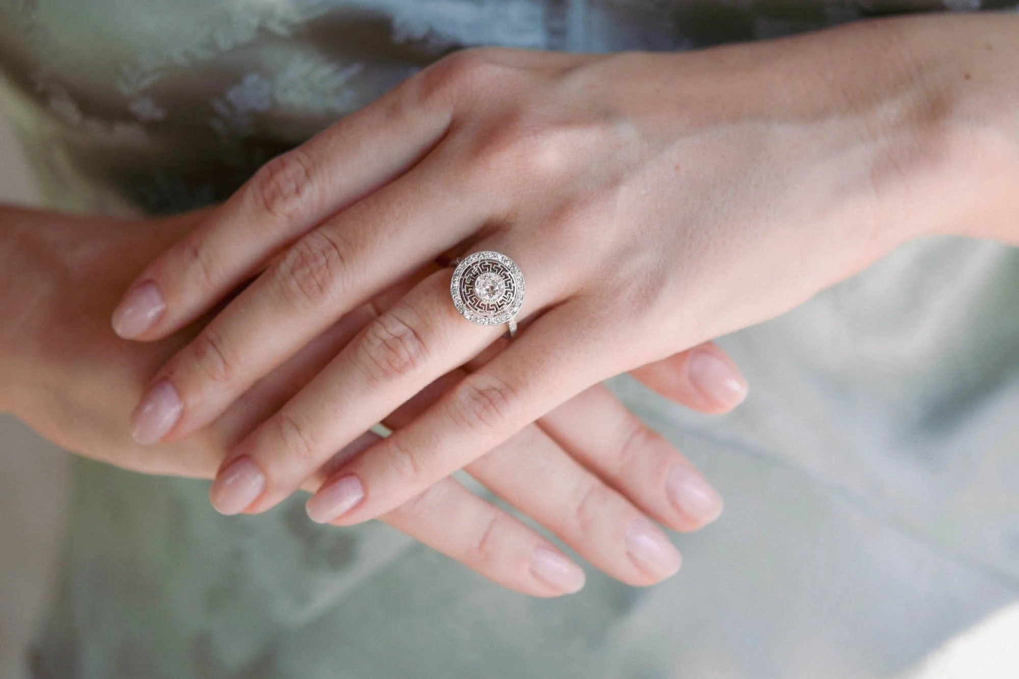 Art Deco Old European Cut Diamond Greek Key Halo Vintage Engagement Ring, France - Image 3