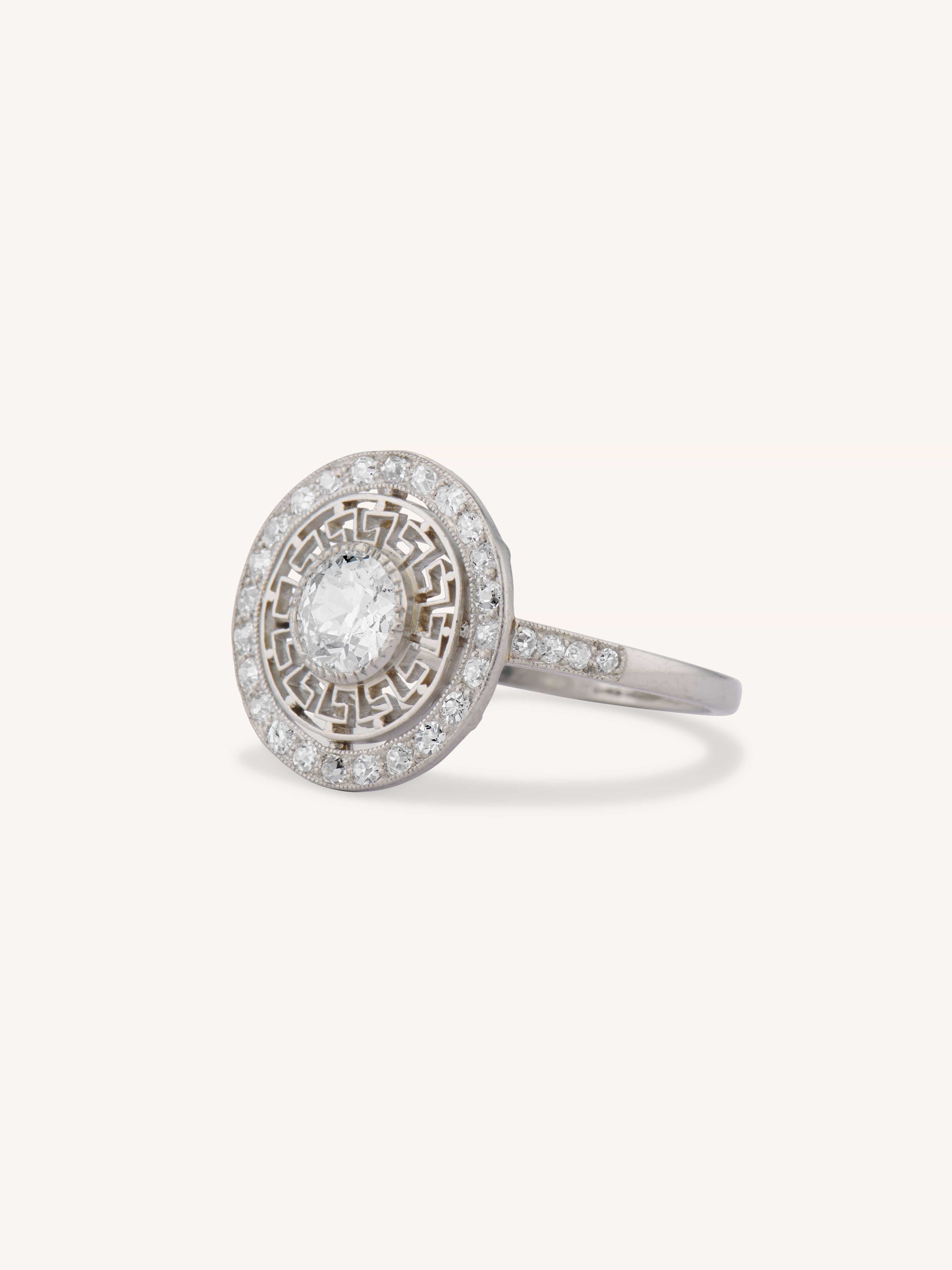 Art Deco Old European Cut Diamond Greek Key Halo Vintage Engagement Ring, France - Image 4
