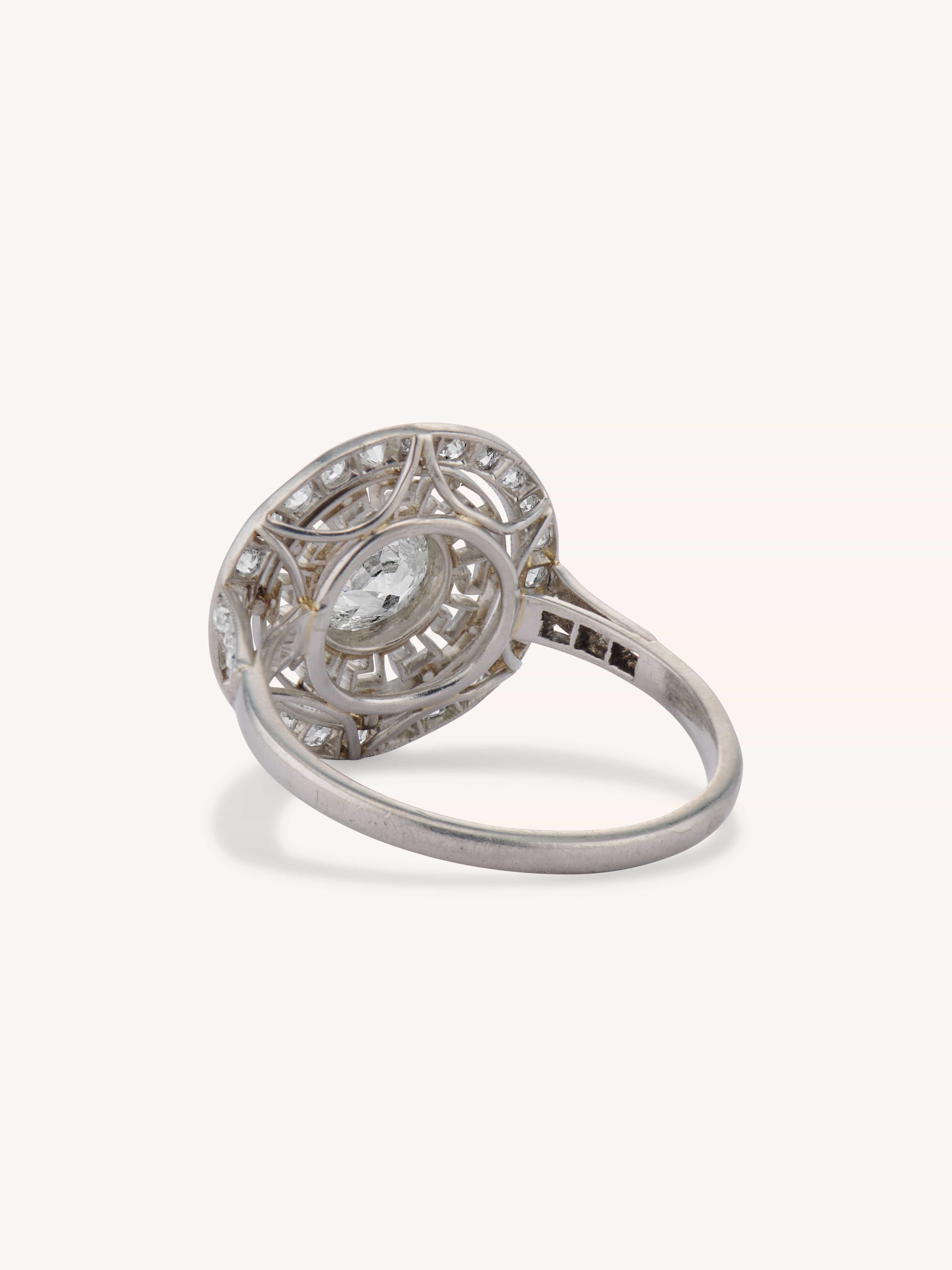 Art Deco Old European Cut Diamond Greek Key Halo Vintage Engagement Ring, France - Image 5
