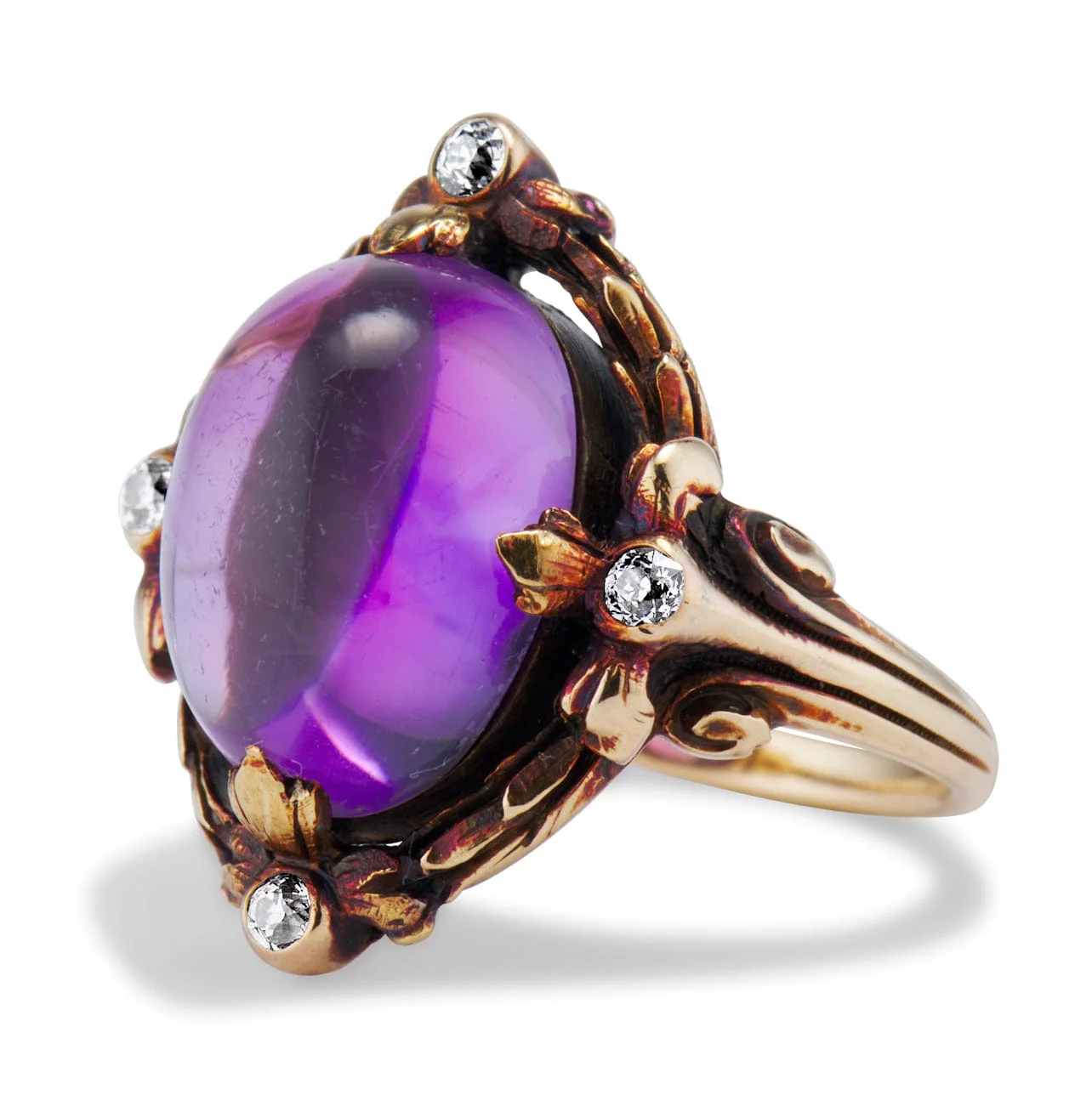 Art Nouveau Cabochon Amethyst & Diamond Ring - Image 2
