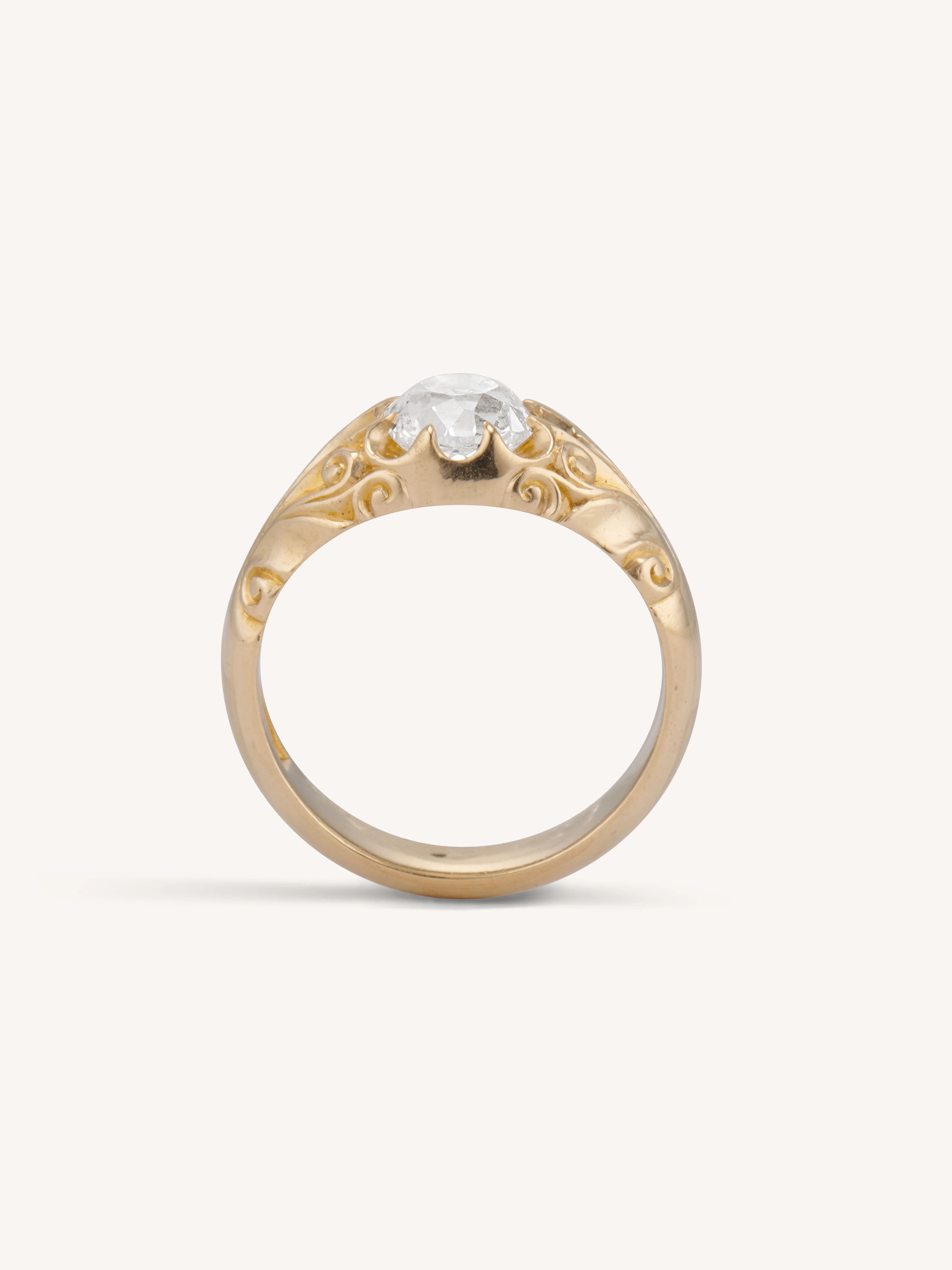 Art Nouveau 1.41 Carat Old Mine Cut Diamond Carved Gold Antique Engagement Ring - Image 7