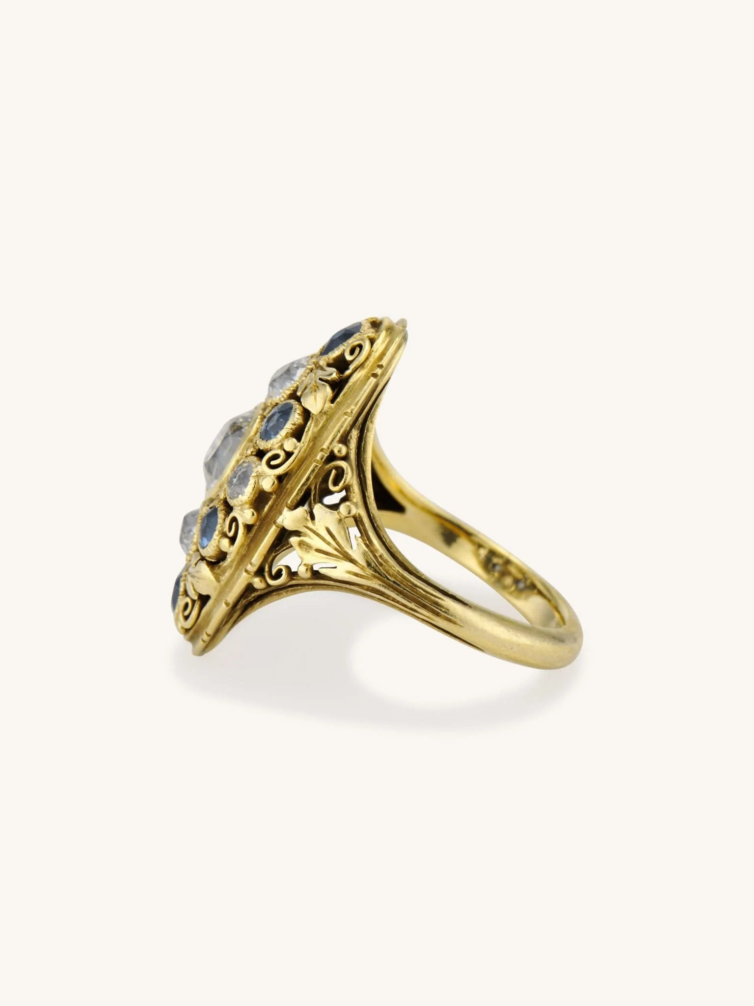 Art Nouveau Old European Cut Diamond & Sapphire Dinner Ring - Image 4