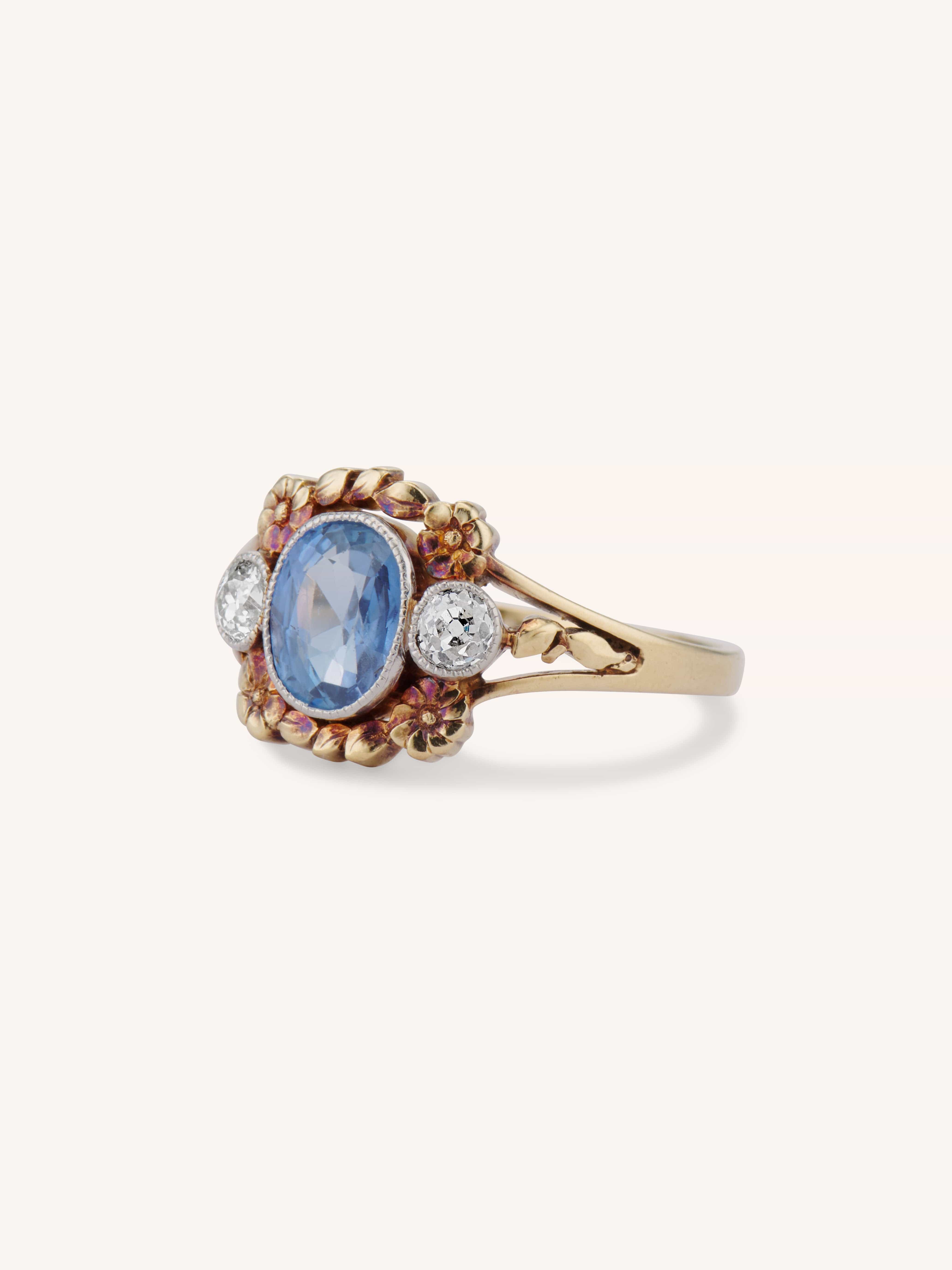 Art Nouveau Sapphire & Old Mine Diamond Floral 18k Gold Antique Ring - Image 4