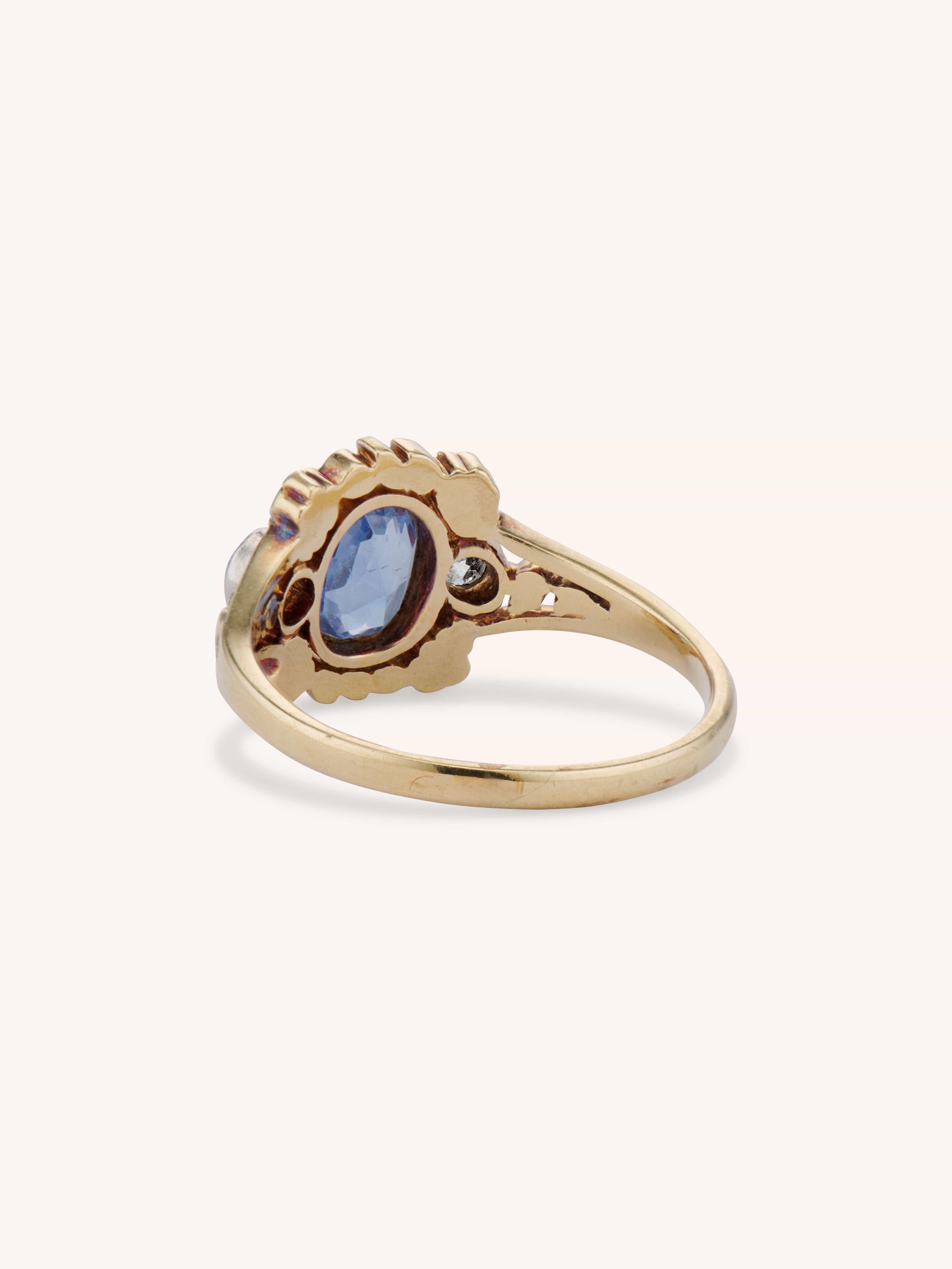 Art Nouveau Sapphire & Old Mine Diamond Floral 18k Gold Antique Ring - Image 5