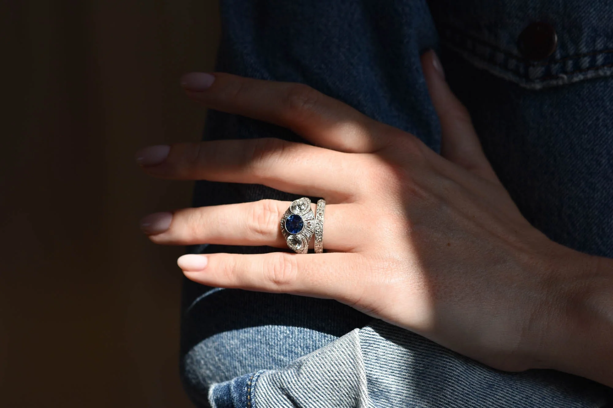 Bailey Banks & Biddle Art Deco Diamond & Sapphire Three Stone Vintage Engagement Ring - Image 10