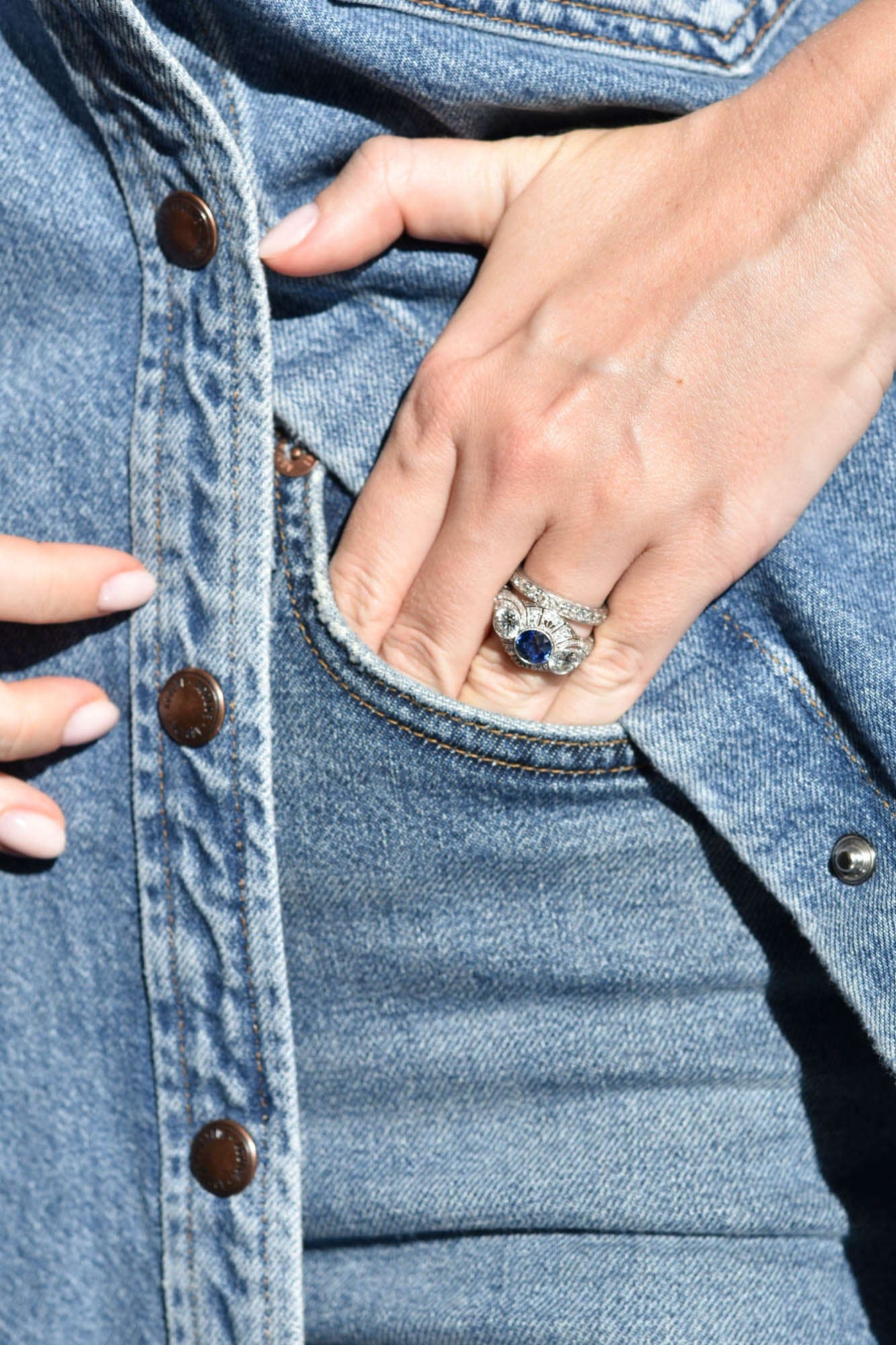 Bailey Banks & Biddle Art Deco Diamond & Sapphire Three Stone Vintage Engagement Ring - Image 3
