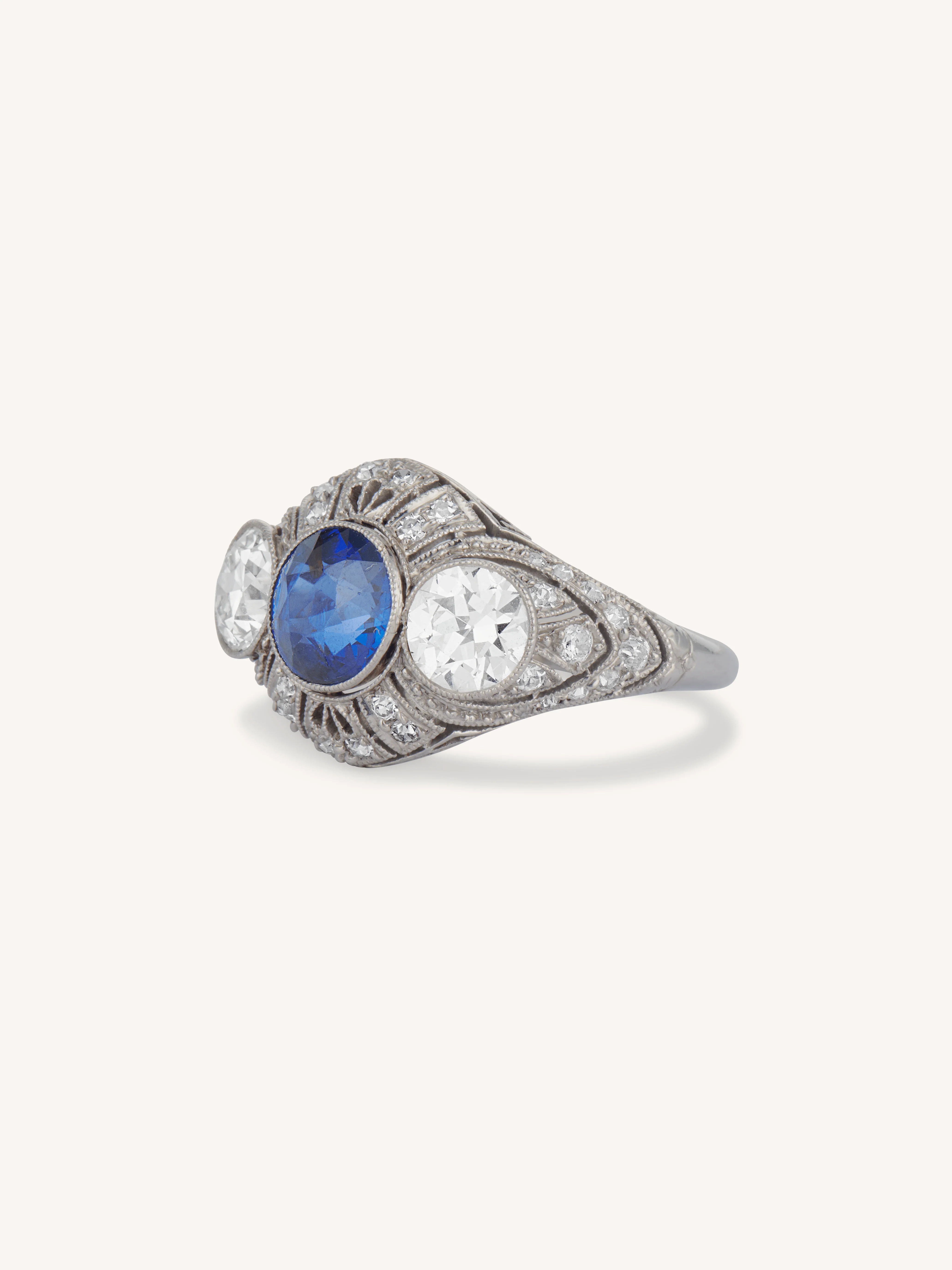 Bailey Banks & Biddle Art Deco Diamond & Sapphire Three Stone Vintage Engagement Ring - Image 4