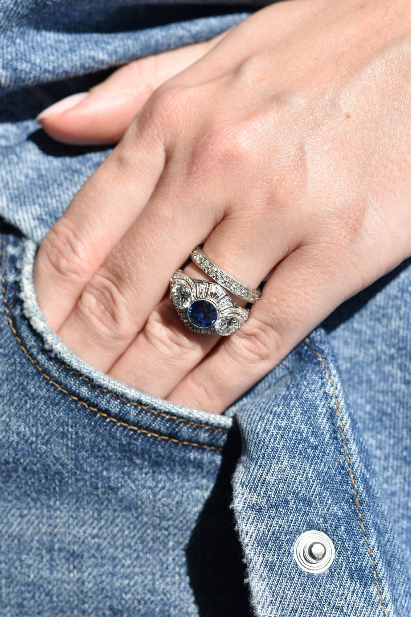 Bailey Banks & Biddle Art Deco Diamond & Sapphire Three Stone Vintage Engagement Ring - Image 7