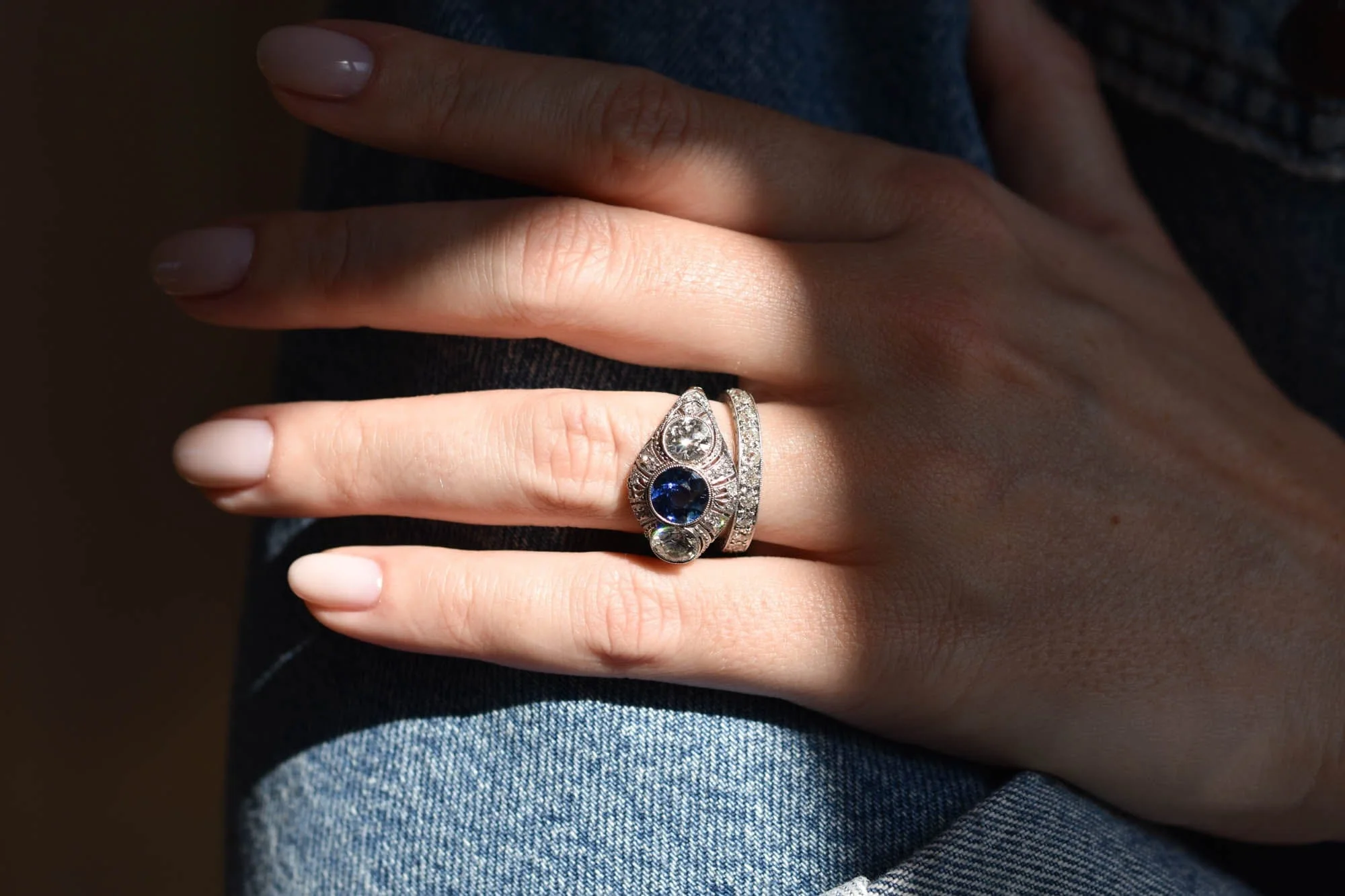 Bailey Banks & Biddle Art Deco Diamond & Sapphire Three Stone Vintage Engagement Ring - Image 9