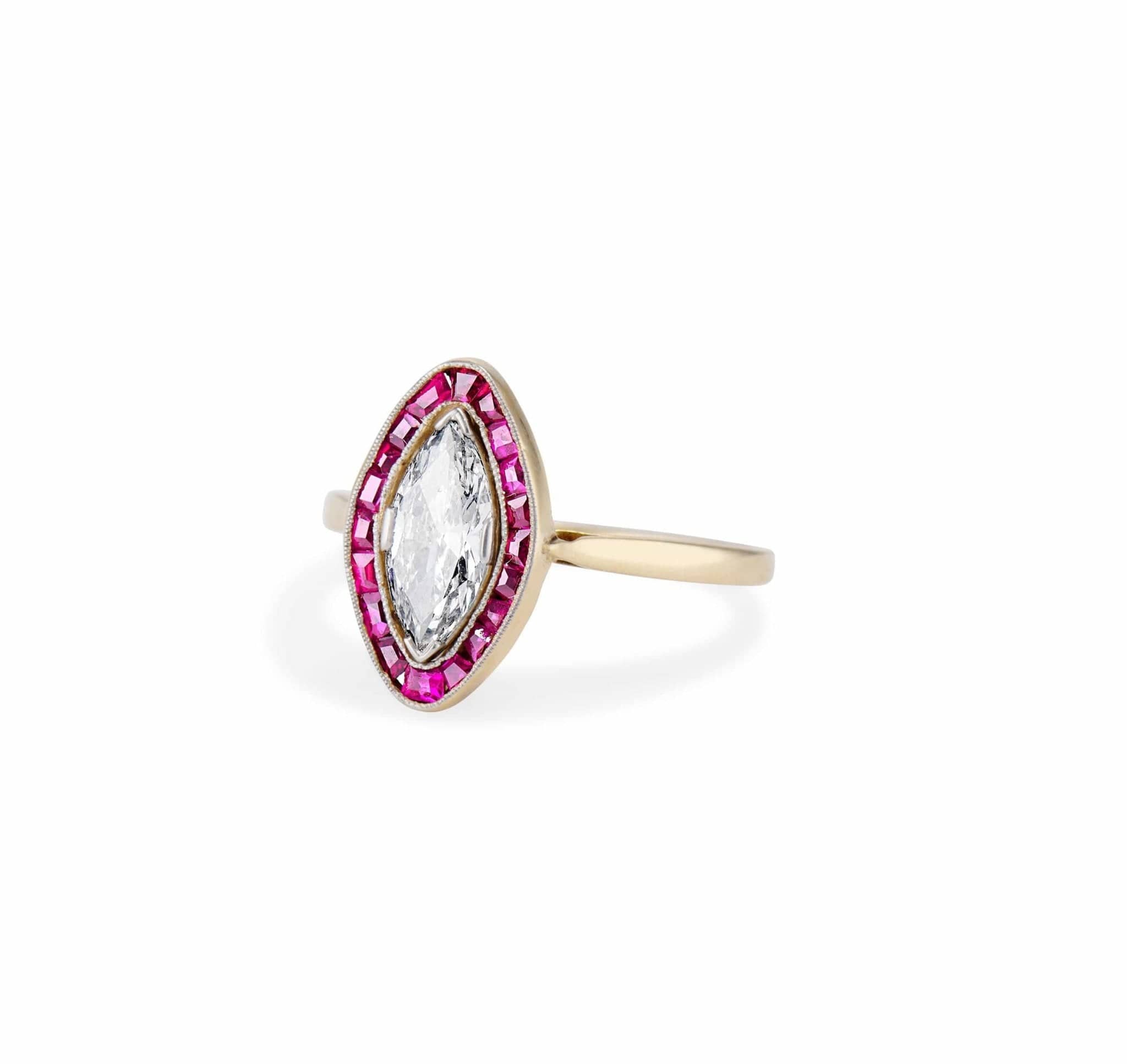 Belle Époque French .77 Carat Marquise Cut Diamond and Ruby Engagement Ring - Image 2