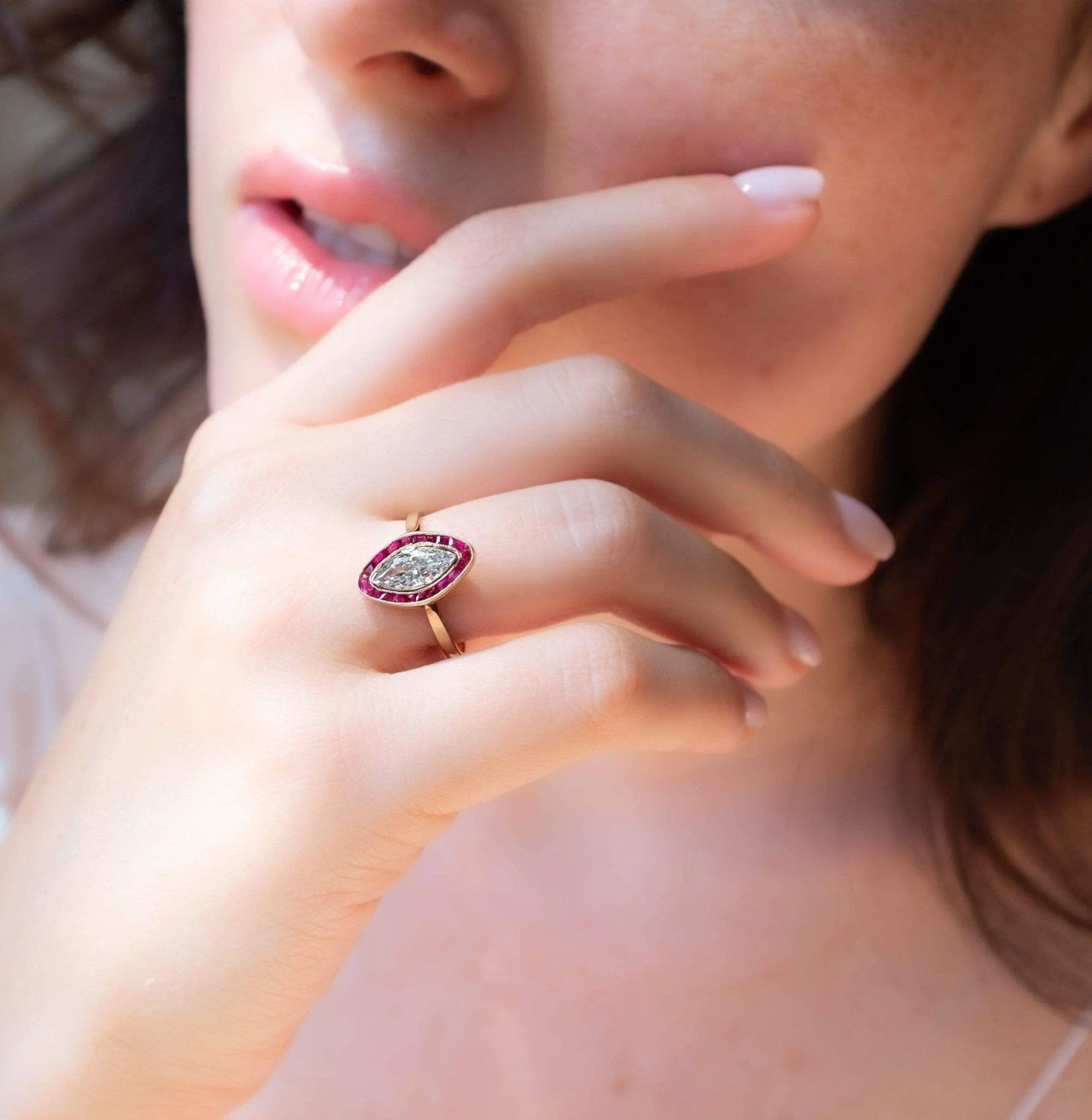 Belle Époque French .77 Carat Marquise Cut Diamond and Ruby Engagement Ring - Image 5