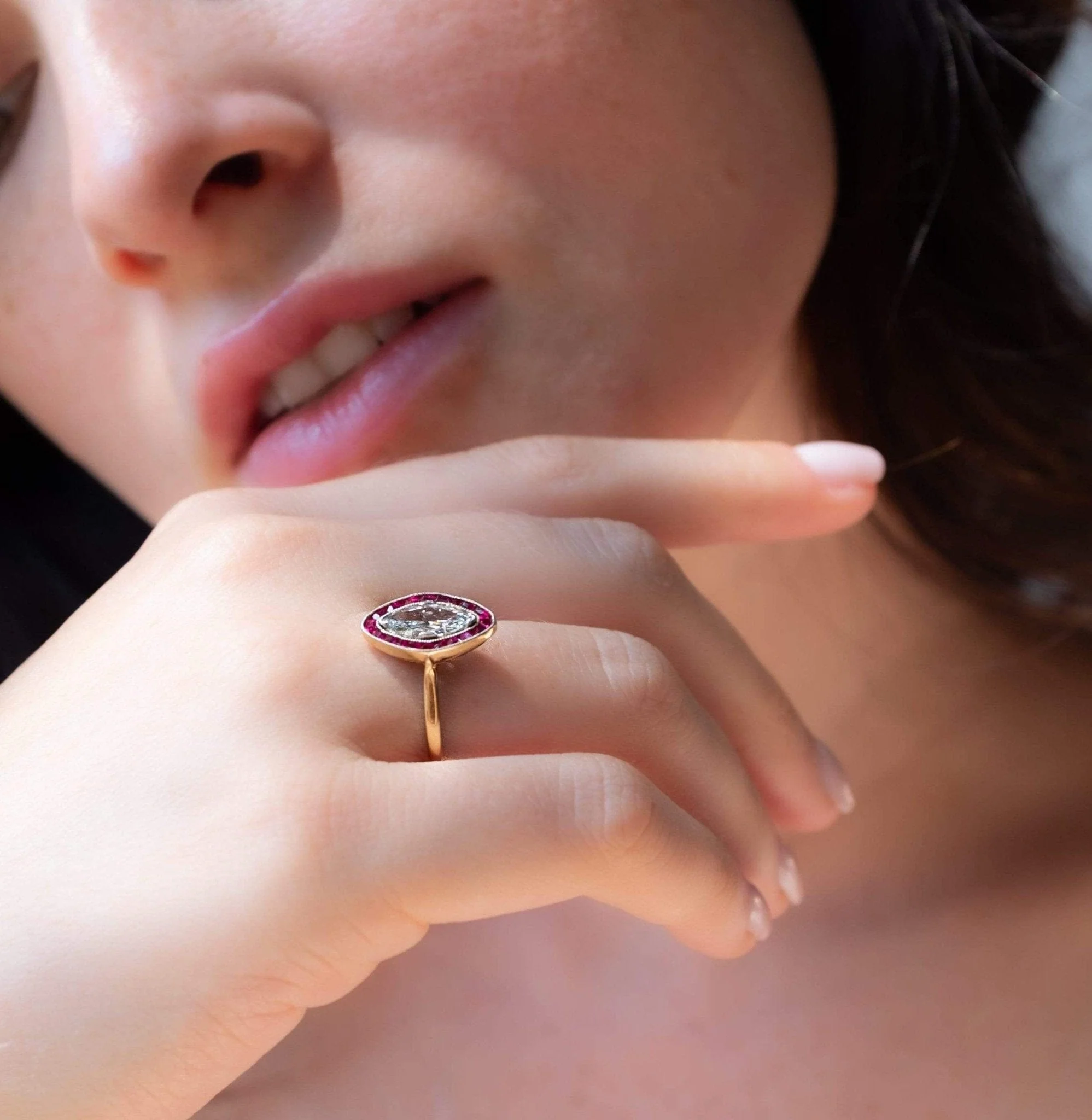 Belle Époque French .77 Carat Marquise Cut Diamond and Ruby Engagement Ring - Image 6