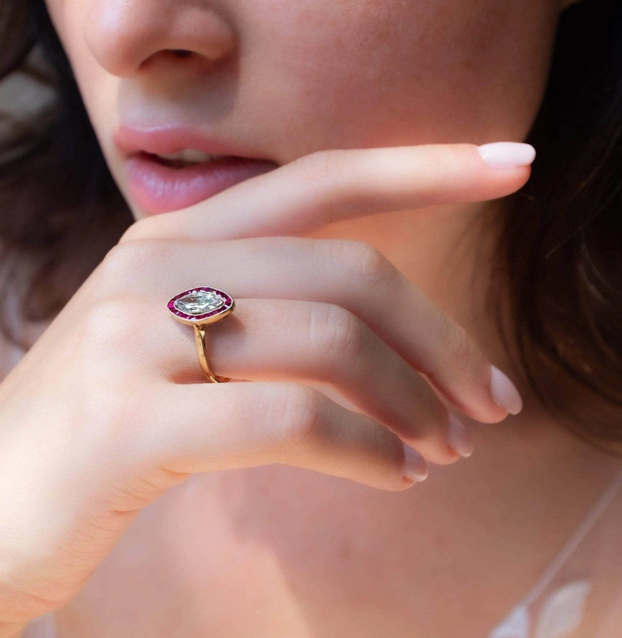 Belle Époque French .77 Carat Marquise Cut Diamond and Ruby Engagement Ring - Image 7