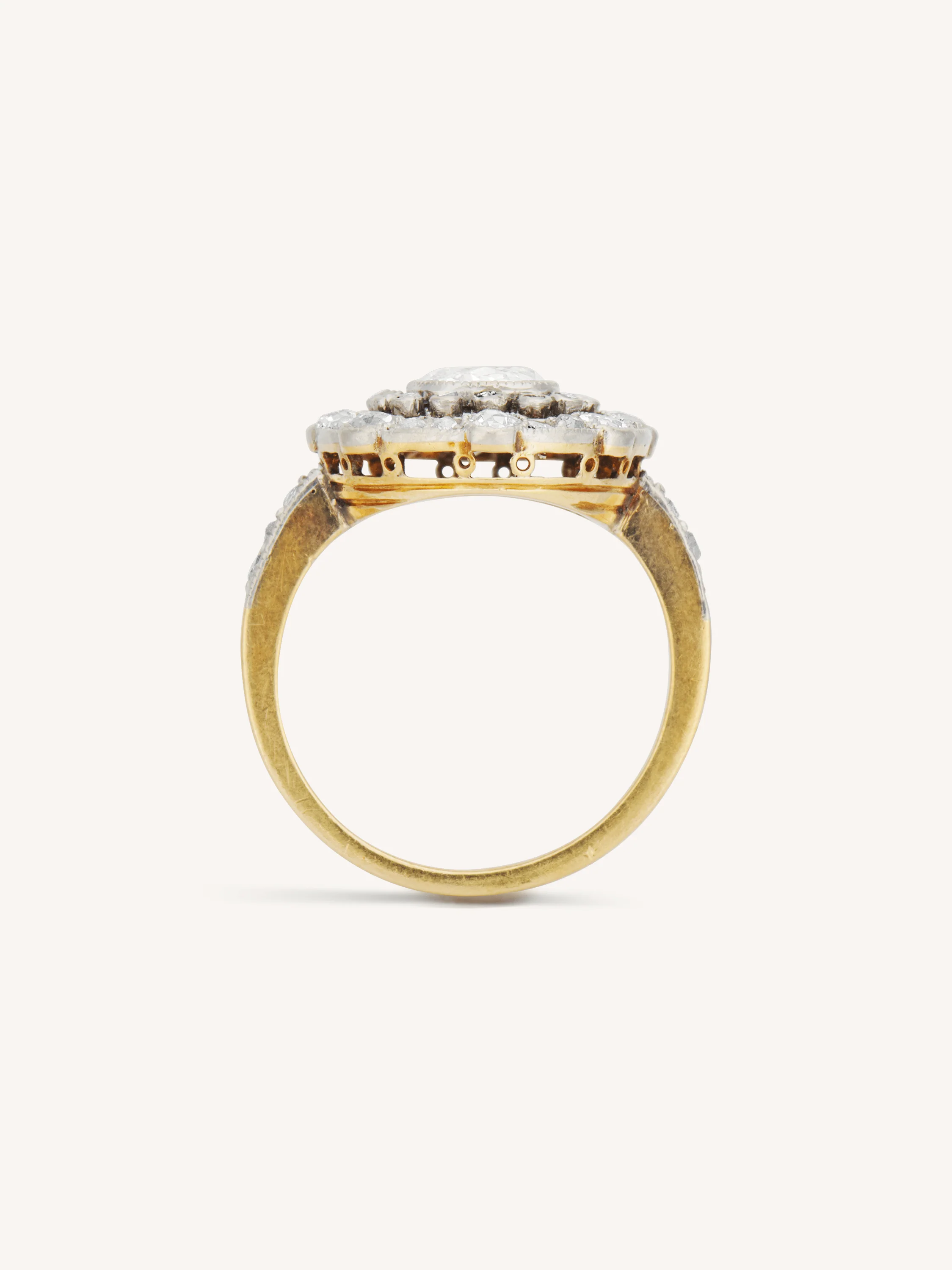 Edwardian Elongated 1.04 Carat Light Yellow Old Mine Cushion Diamond Cluster Antique Ring - Image 8