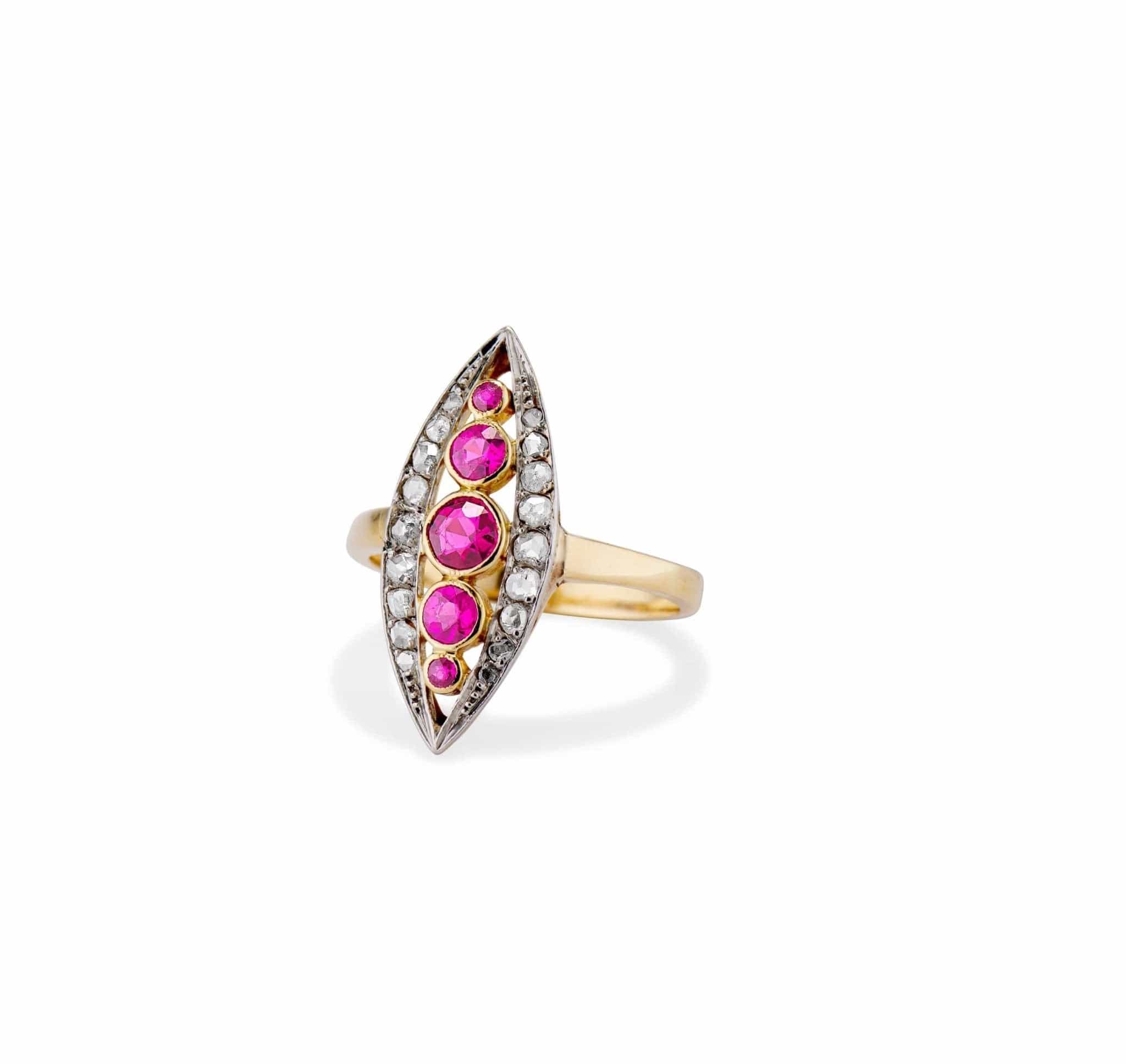 Belle Époque Ruby and Diamond Navette Ring, France - Image 2