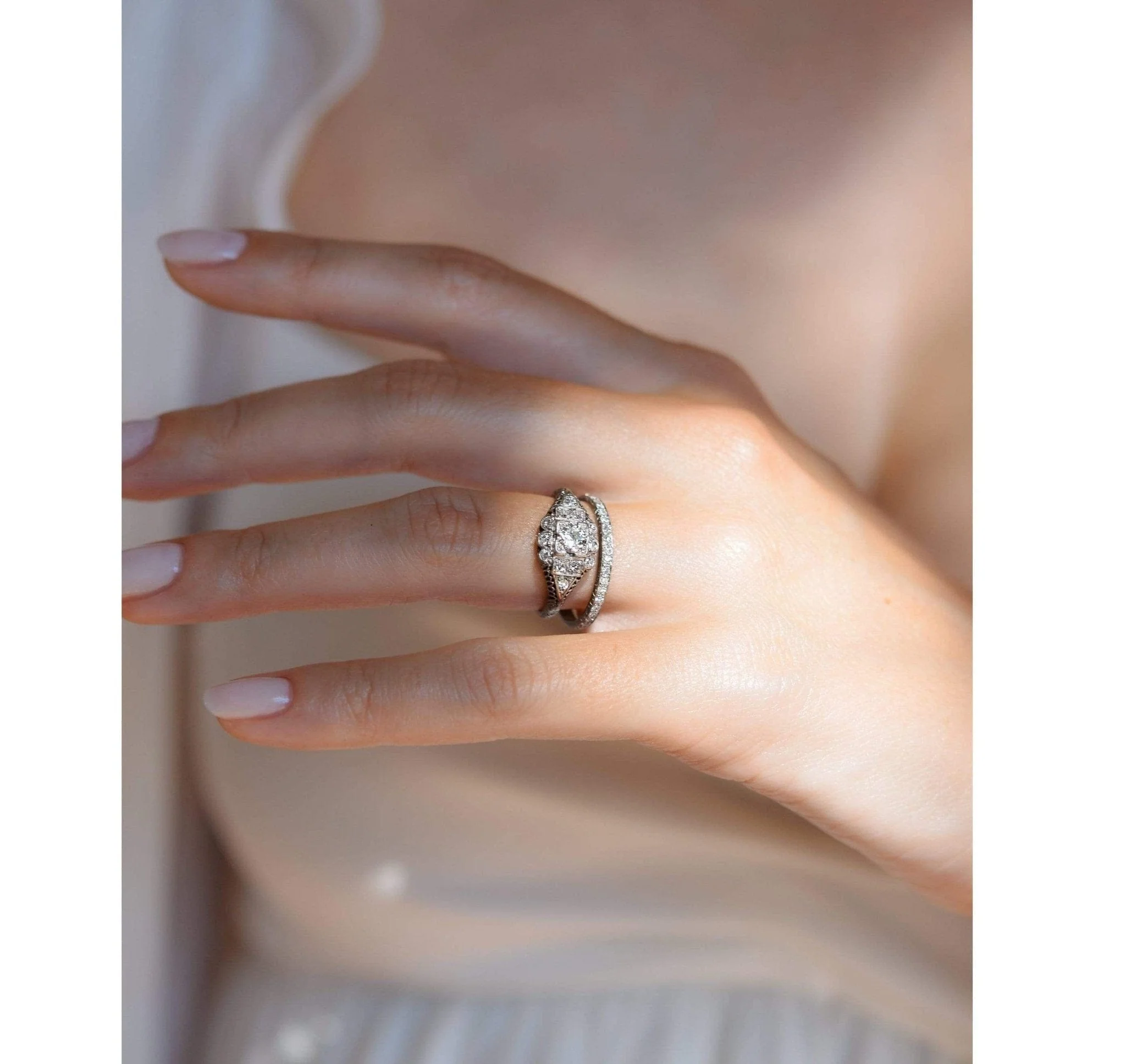 Edwardian Diamond and Platinum Cluster Engagement Ring - Image 5