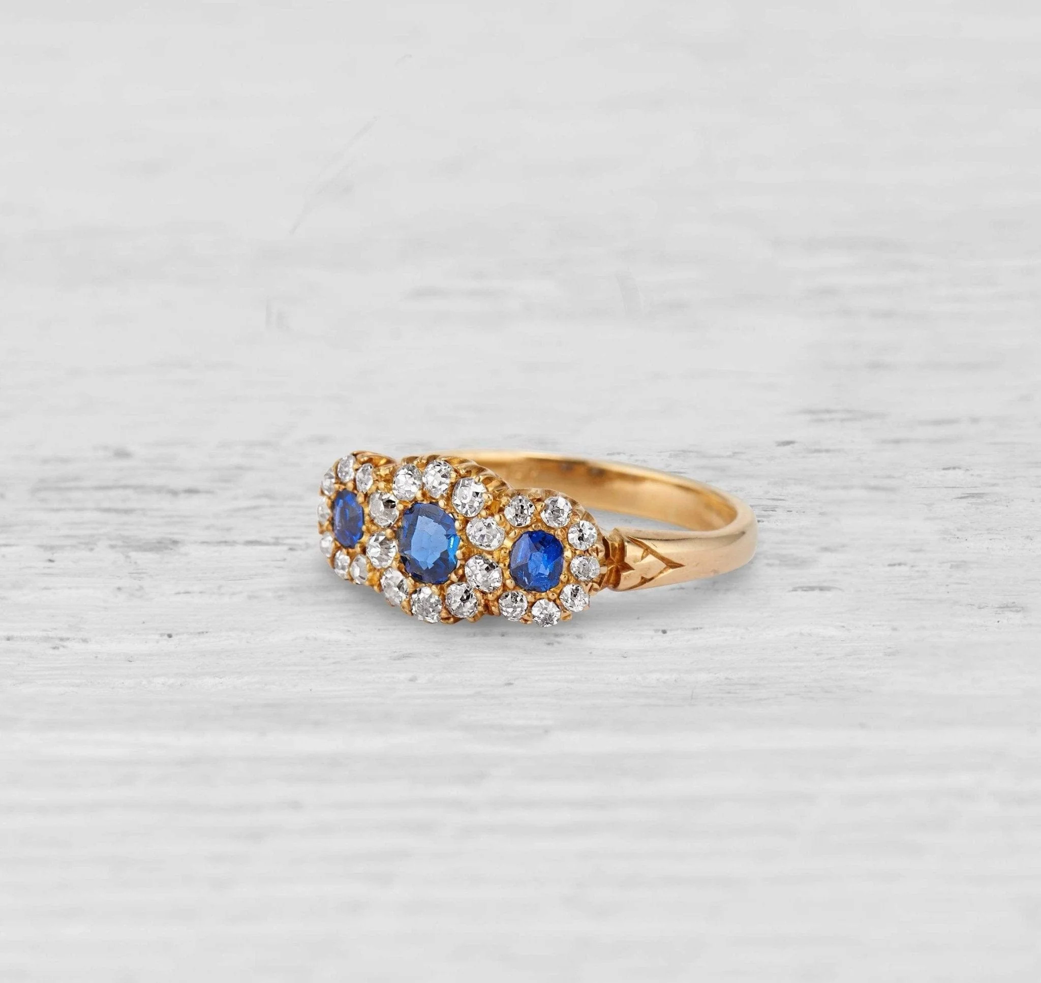 Antique Victorian Sapphire and Diamond Gold Three Stone Engagement Ring - Image 2