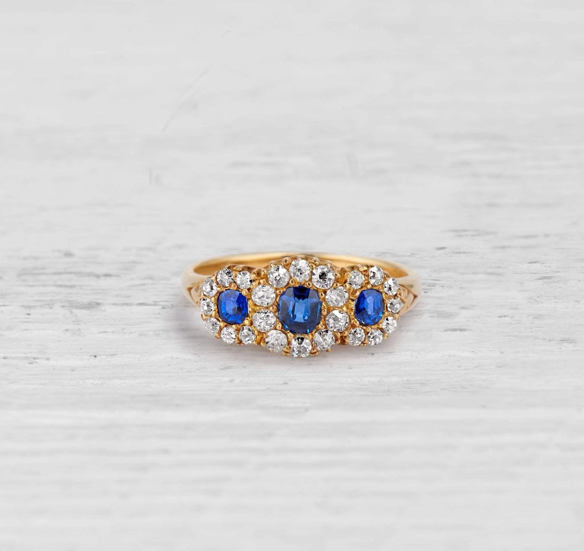 Antique Victorian Sapphire and Diamond Gold Three Stone Engagement Ring - Image 3
