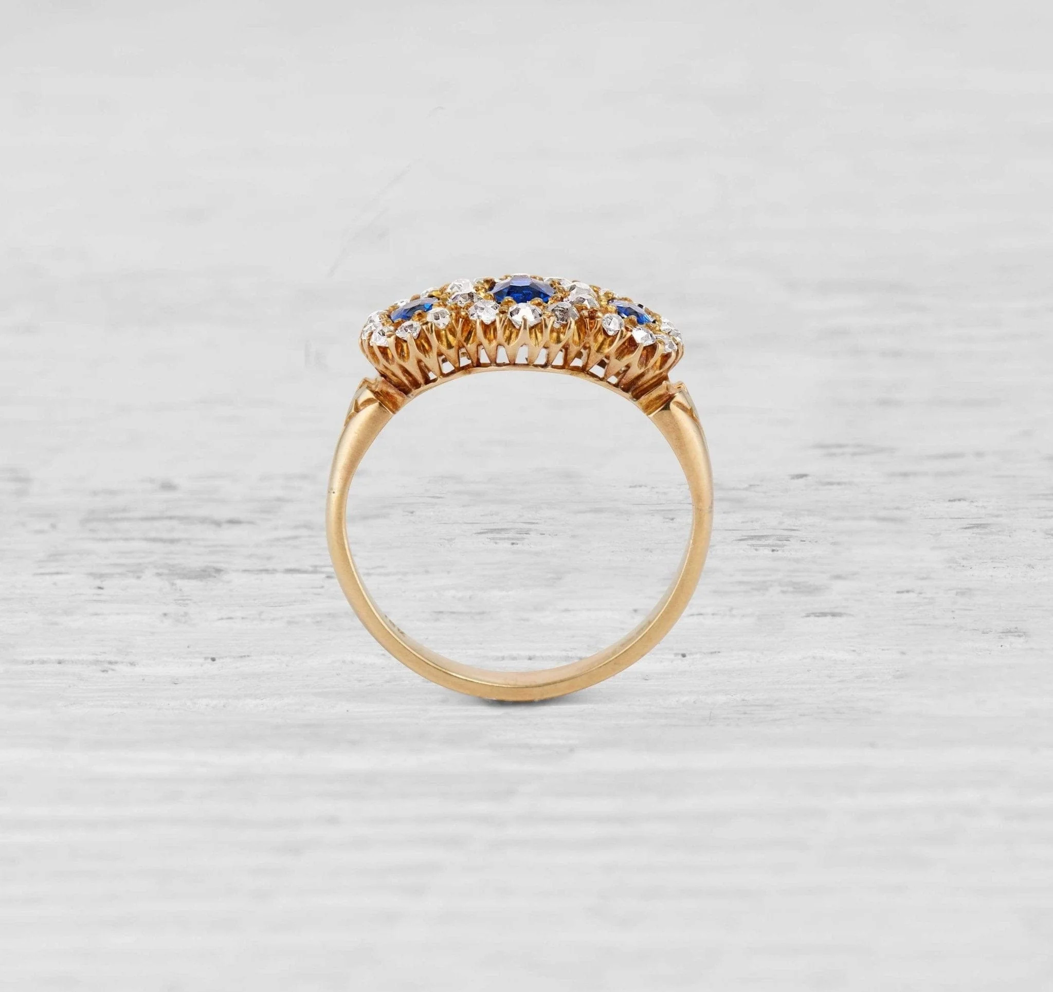 Antique Victorian Sapphire and Diamond Gold Three Stone Engagement Ring - Image 5