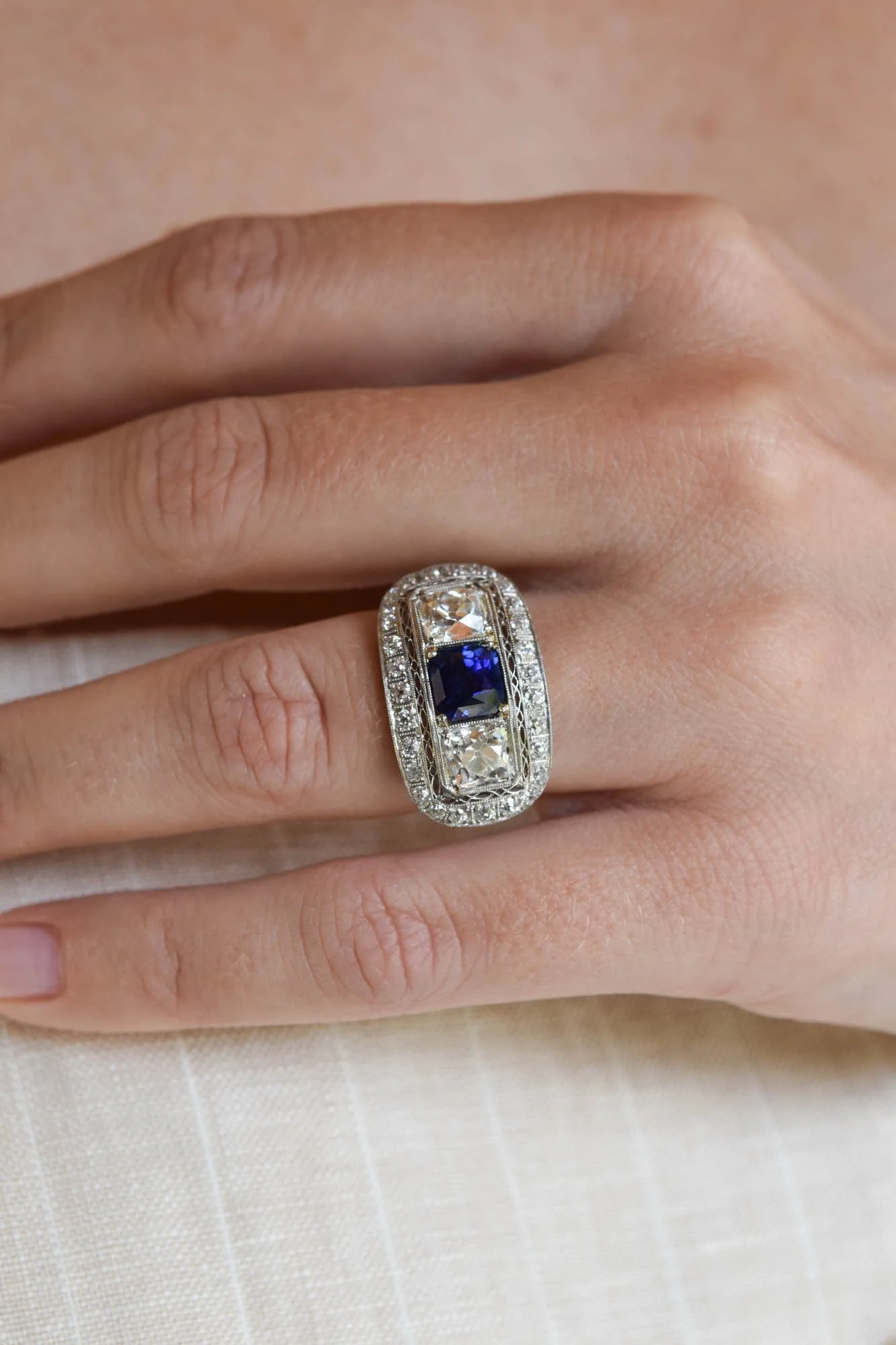 Early Art Deco 2.15 Carat Old Mine Cushion Cut Sapphire & Diamond Ring - Image 2