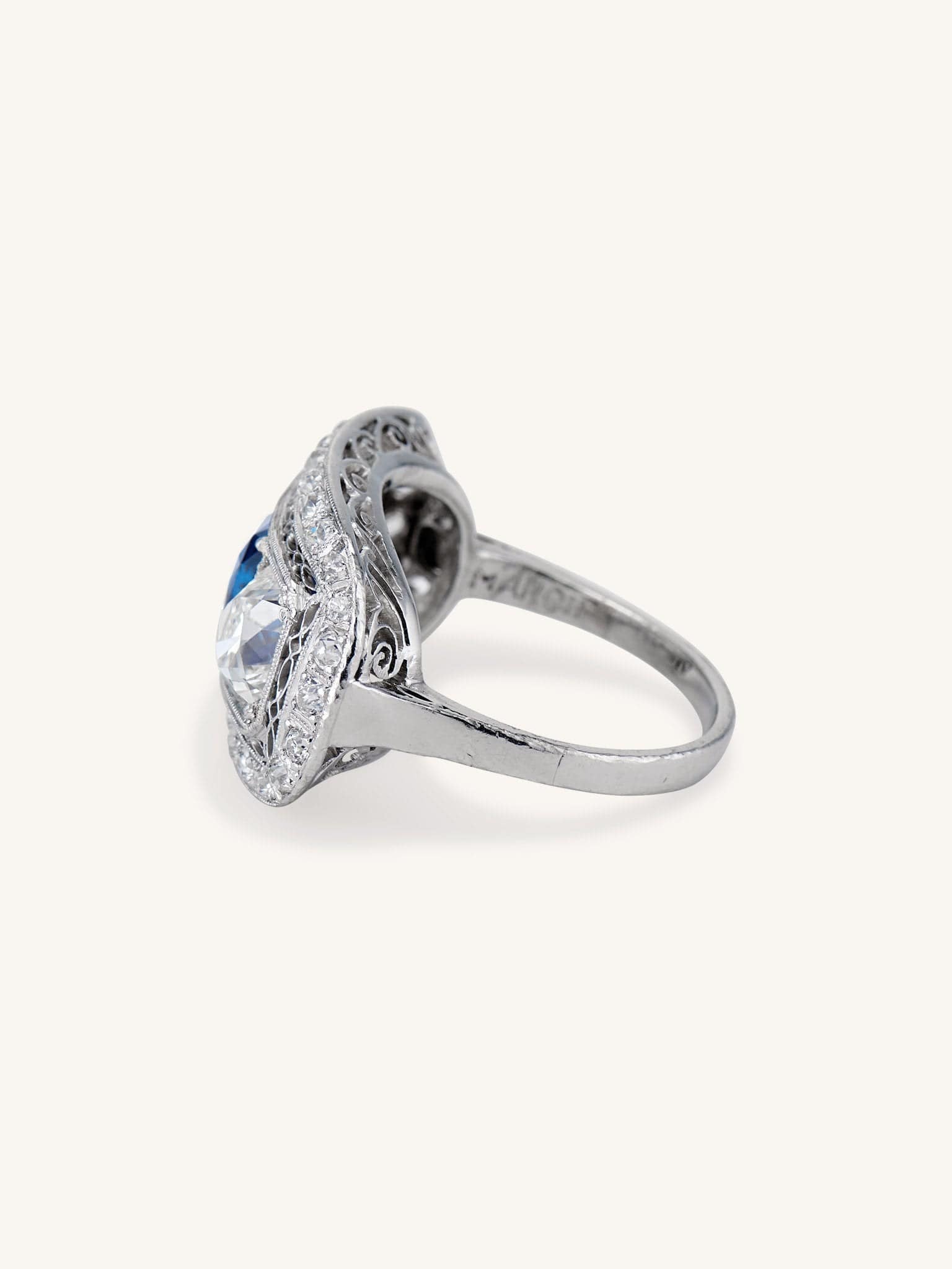Early Art Deco 2.15 Carat Old Mine Cushion Cut Sapphire & Diamond Ring - Image 5