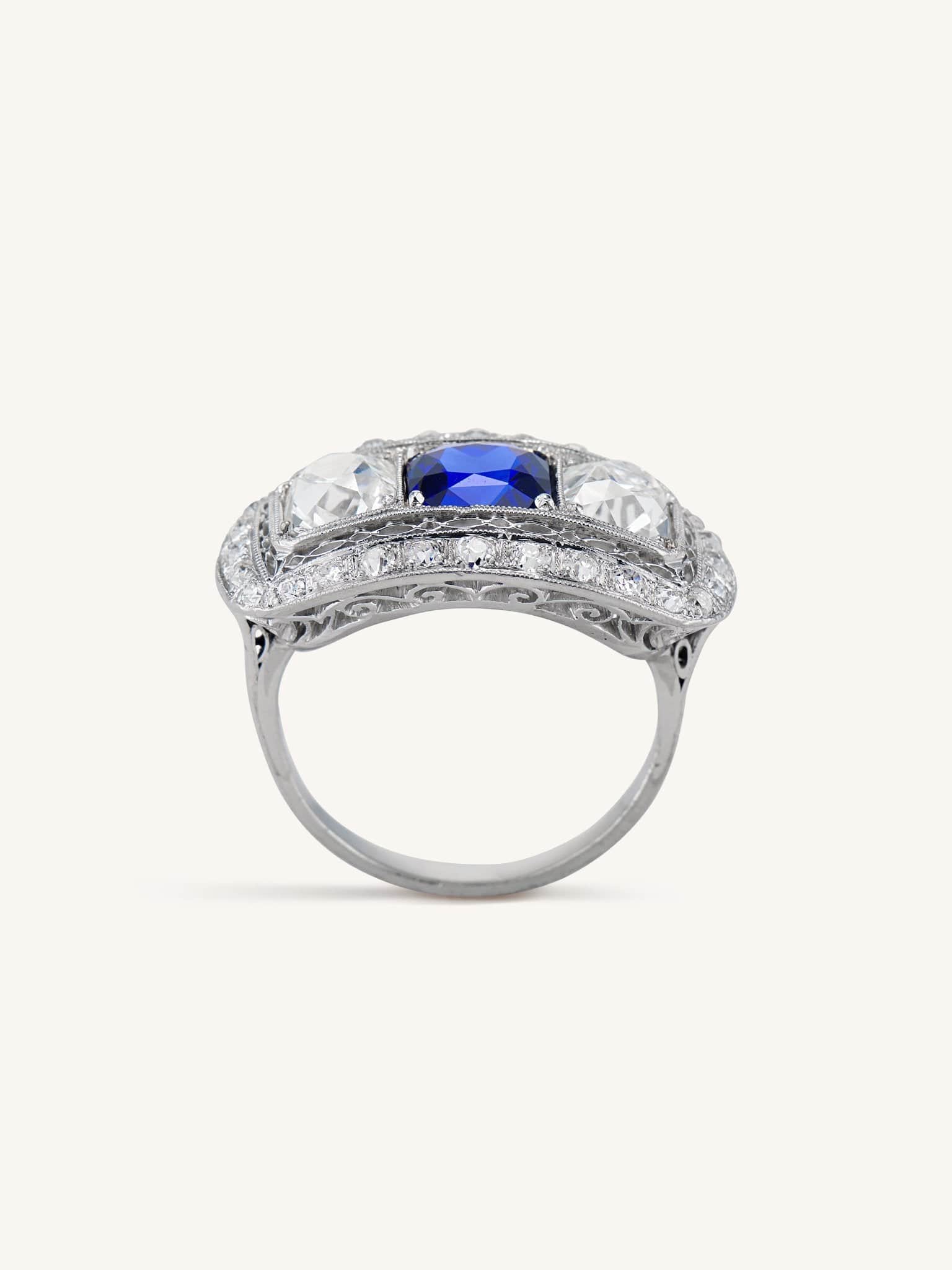 Early Art Deco 2.15 Carat Old Mine Cushion Cut Sapphire & Diamond Ring - Image 6
