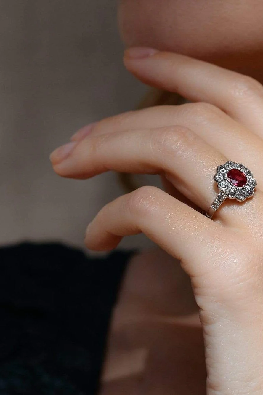 Early Art Deco .75 Cushion Ruby and Diamond Cluster, England - Image 5