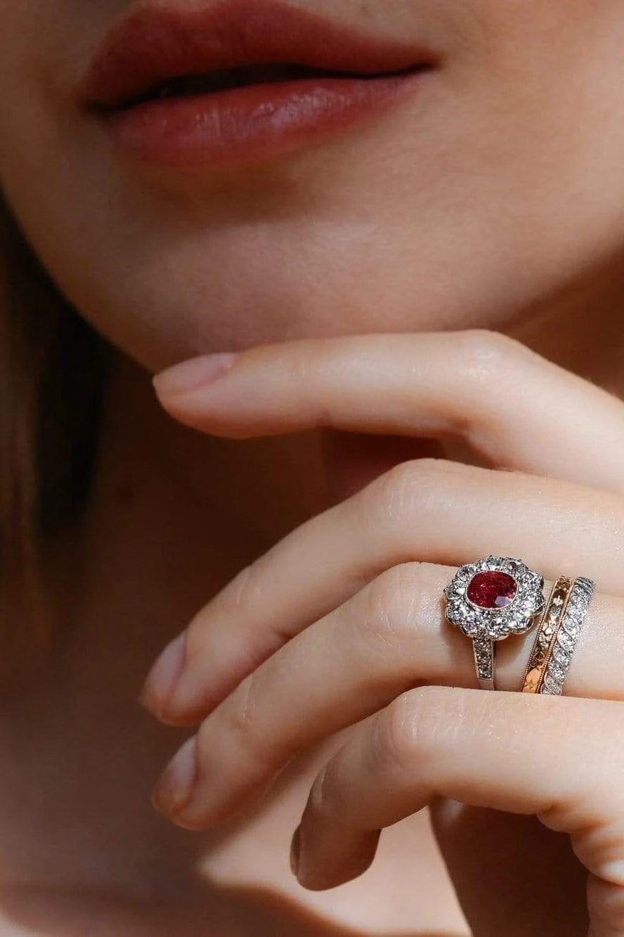 Early Art Deco .75 Cushion Ruby and Diamond Cluster, England - Image 6