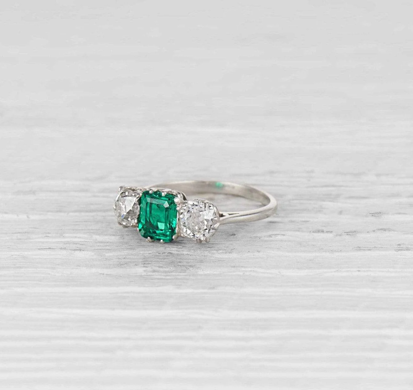 Early Art Deco Emerald and Diamond Three Stone Ring - Image 2