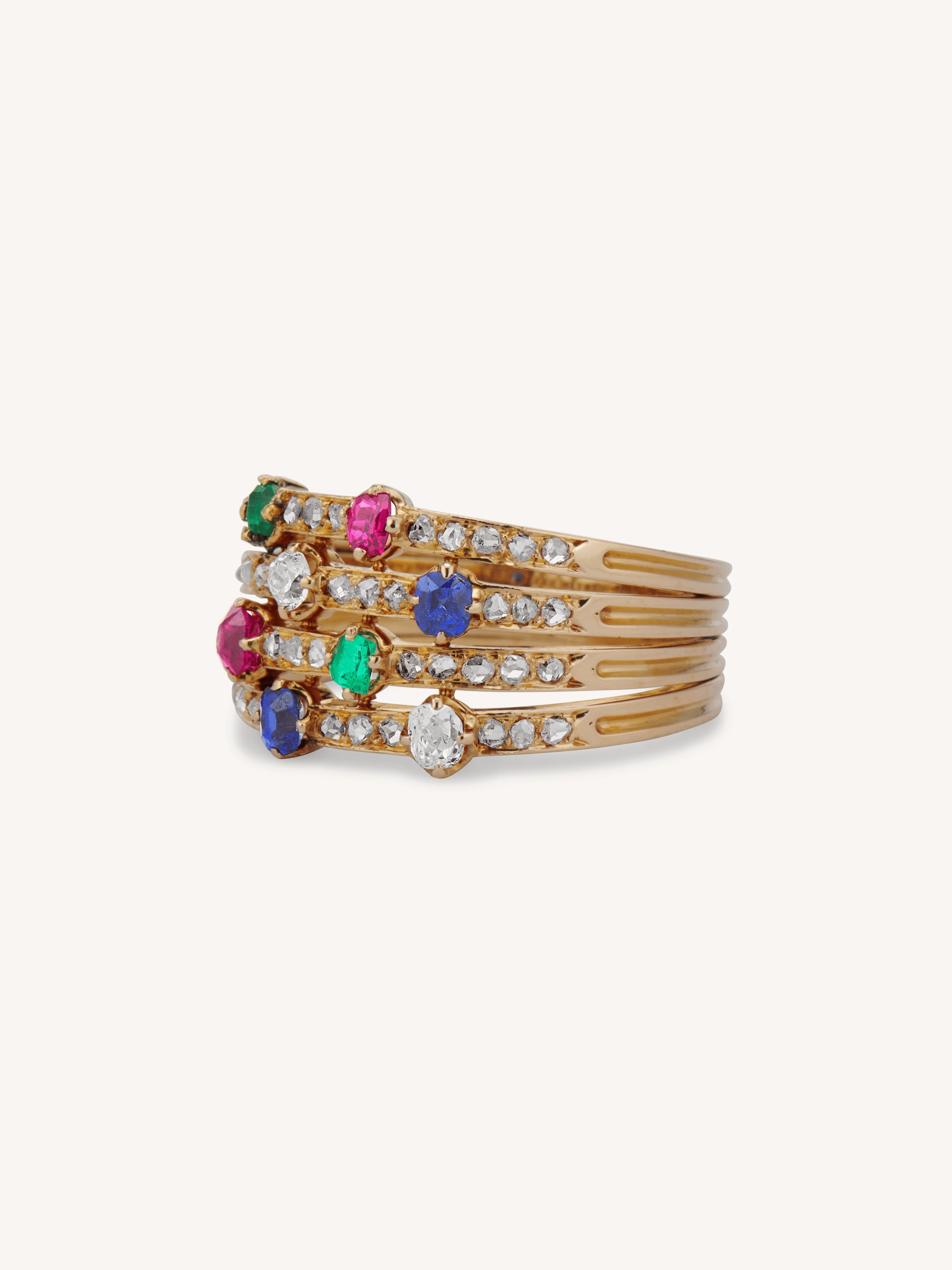 Early Victorian Multi Gemstone & Diamond Harem Ring, France - Image 2