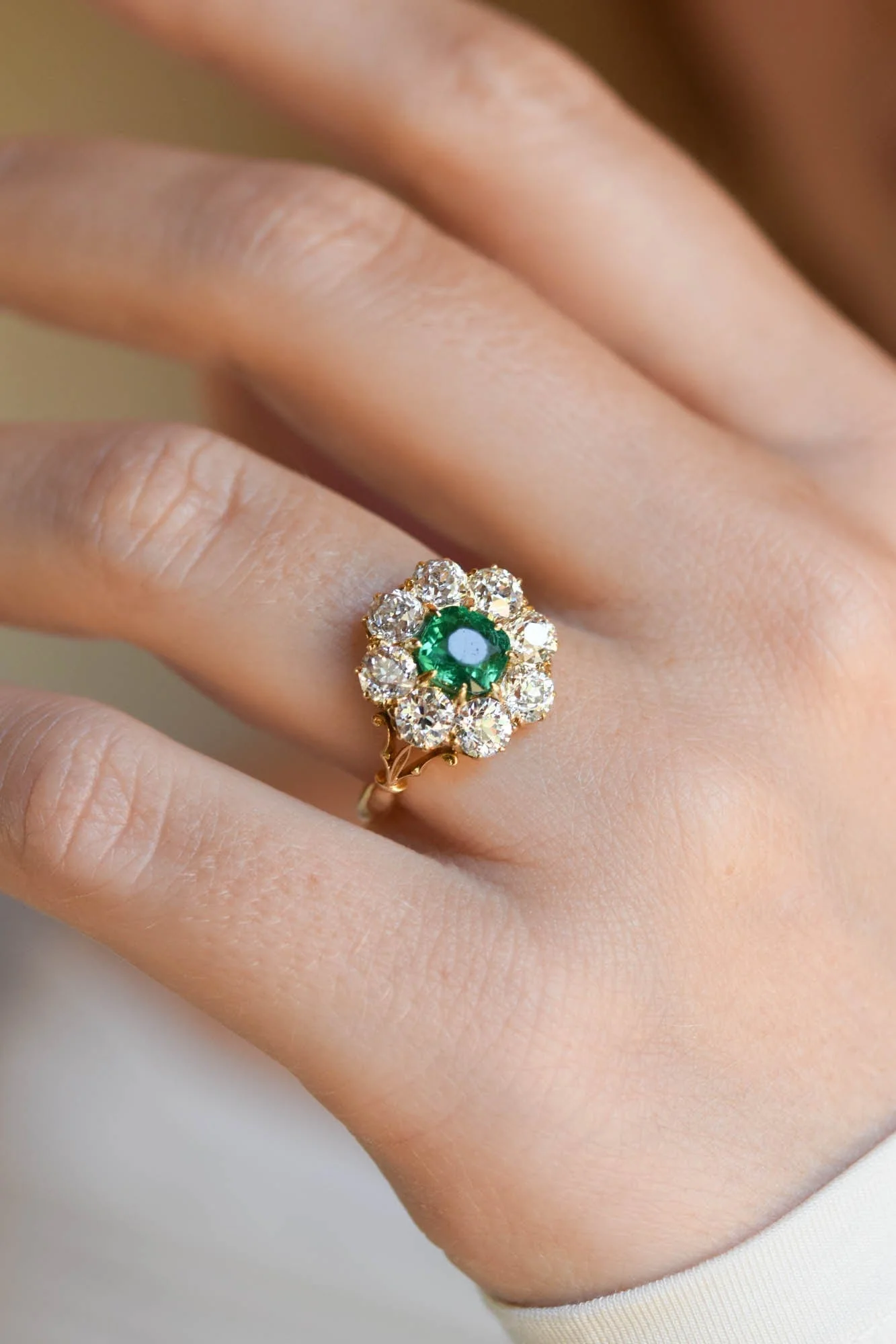 Antique Edwardian Colombian Emerald & Diamond Cluster 18K Gold Engagement Ring - Image 2