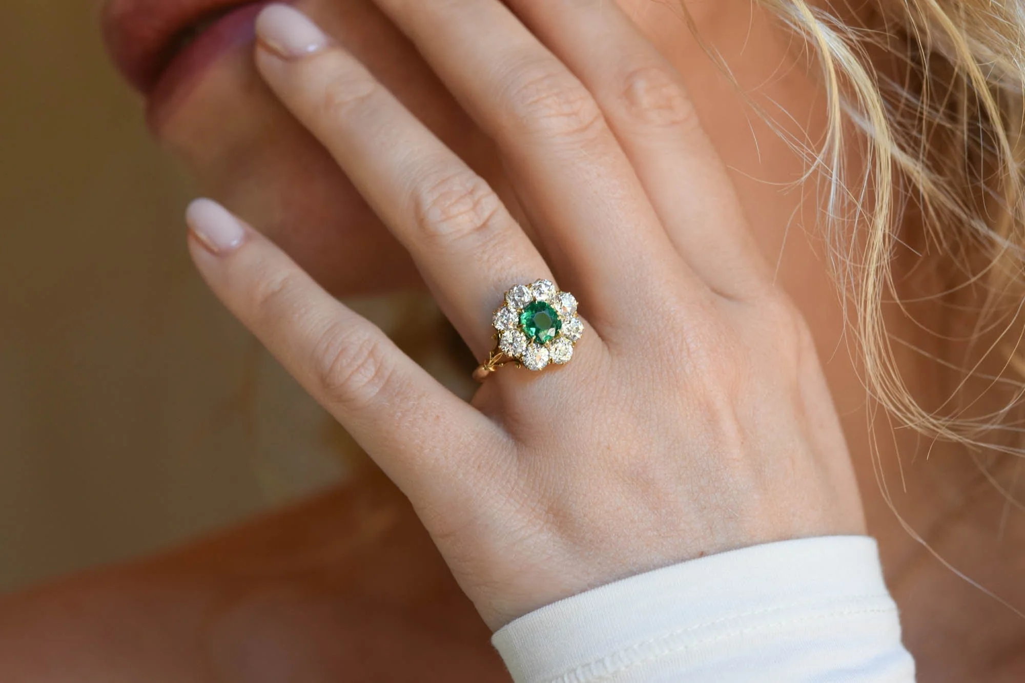 Antique Edwardian Colombian Emerald & Diamond Cluster 18K Gold Engagement Ring - Image 9