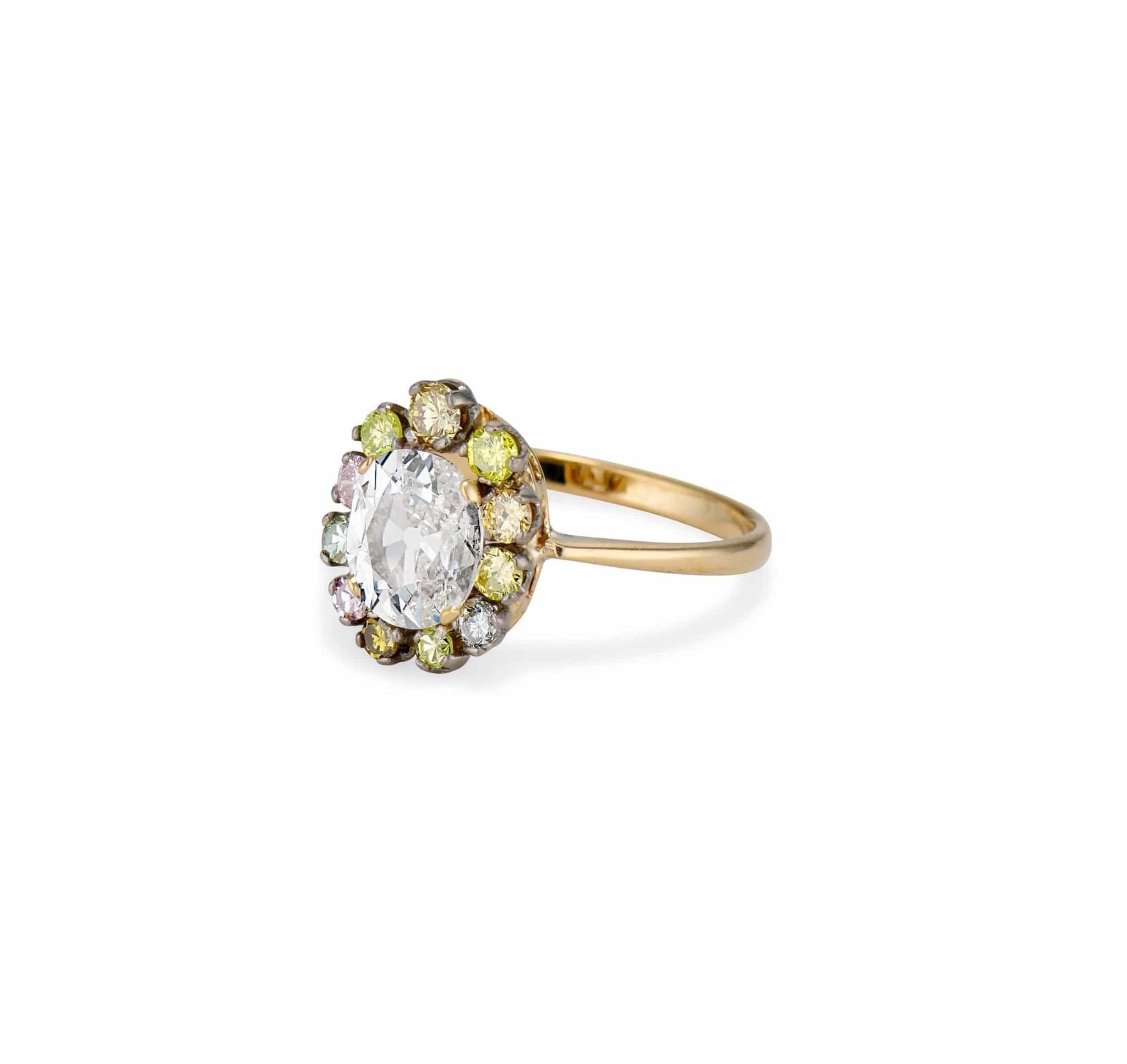 Edwardian 1.00 Carat Cushion-Cut Multicolored Diamond Cluster Engagement Ring - Image 2