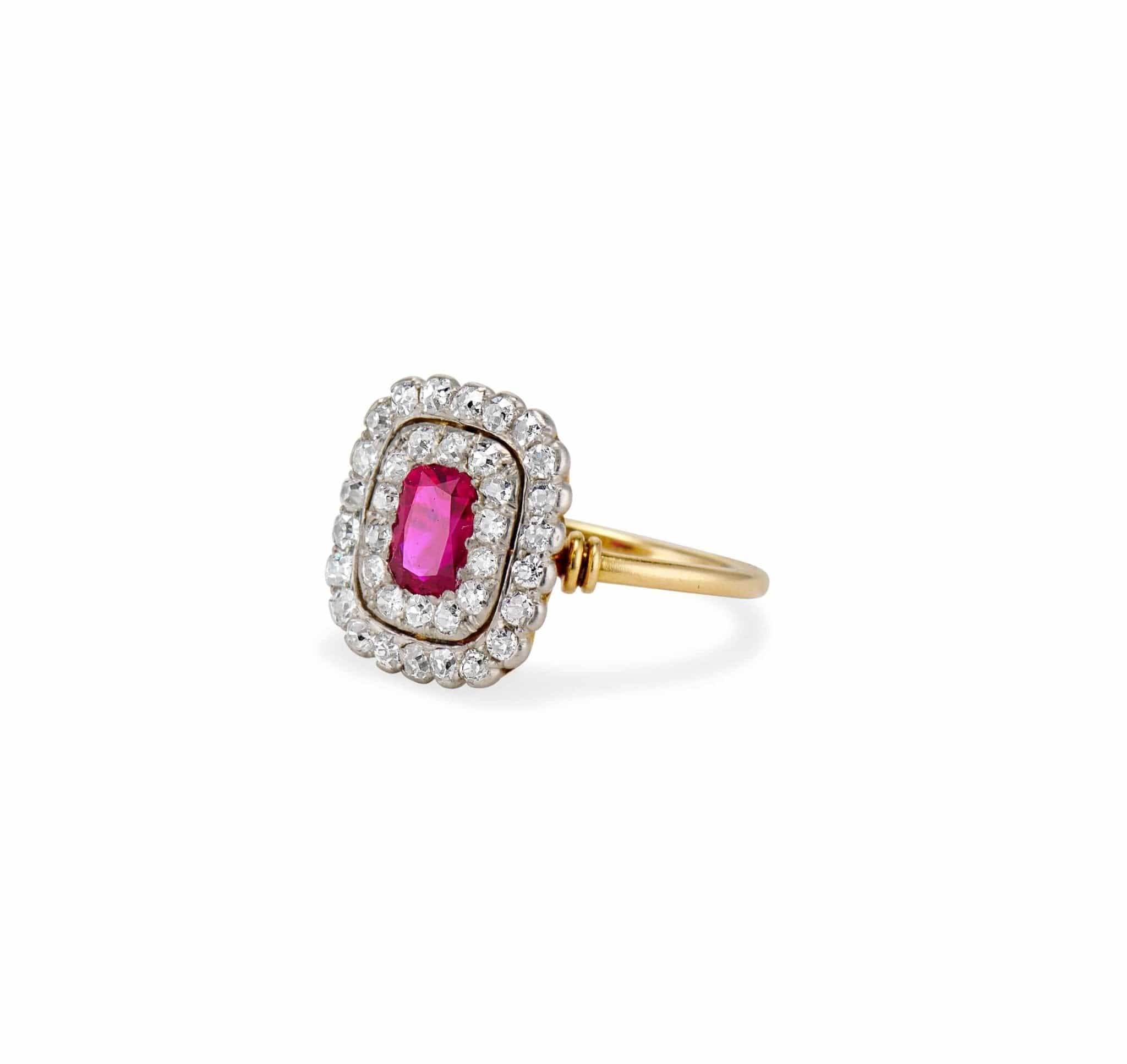 Edwardian 1.00 Carat Cushion Cut "Pigeon's Blood" Ruby & Diamond Cluster Engagement Ring - Image 2