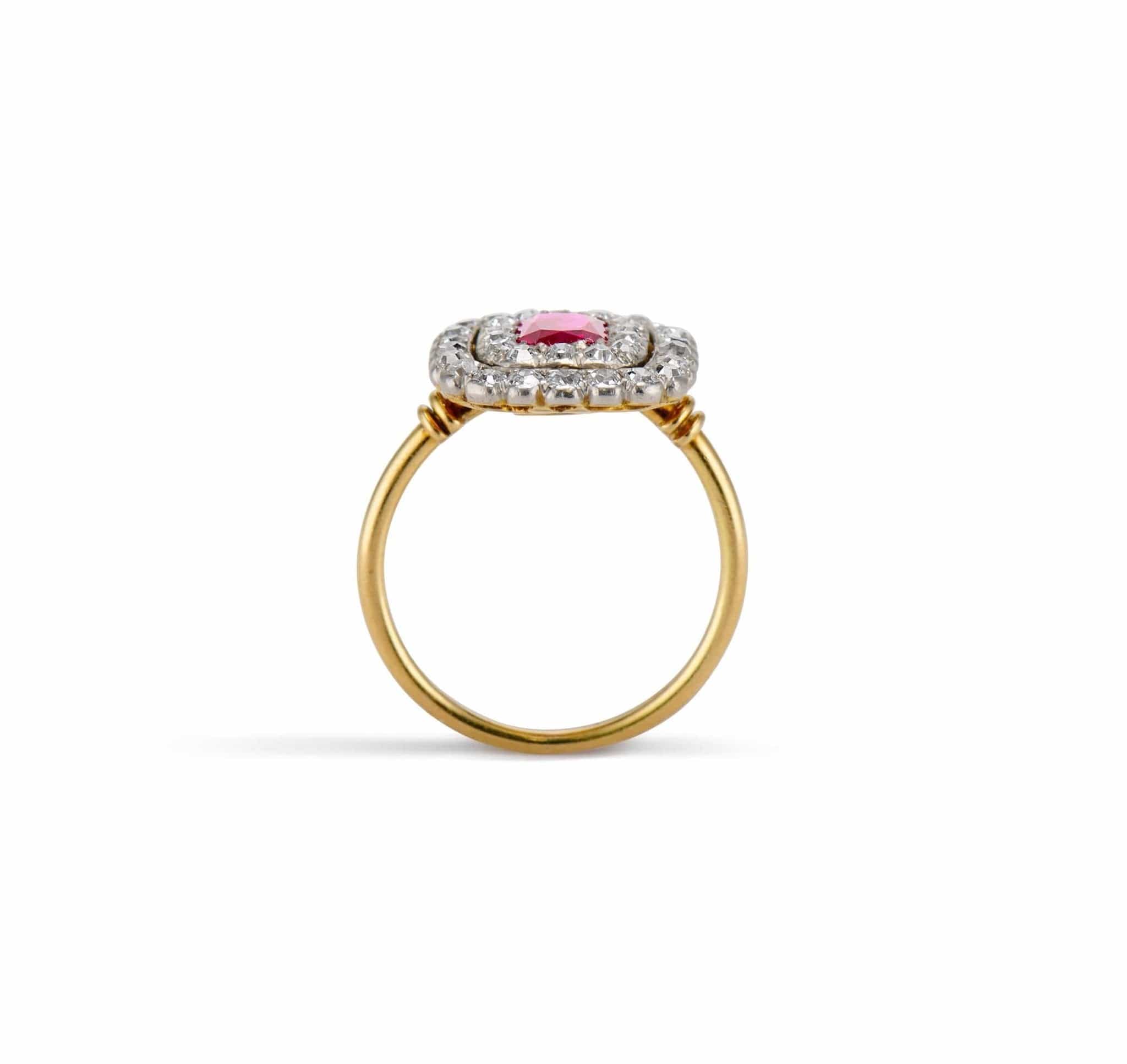 Edwardian 1.00 Carat Cushion Cut "Pigeon's Blood" Ruby & Diamond Cluster Engagement Ring - Image 4