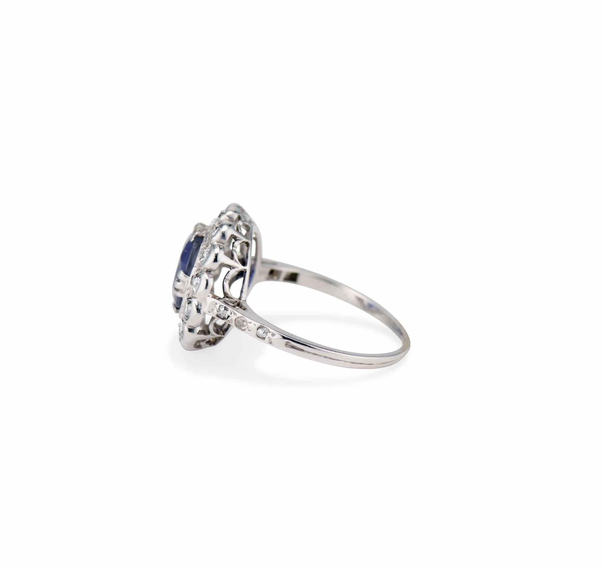 Edwardian 1.18 Carat Cushion Sapphire and Diamond Cluster Ring - Image 3