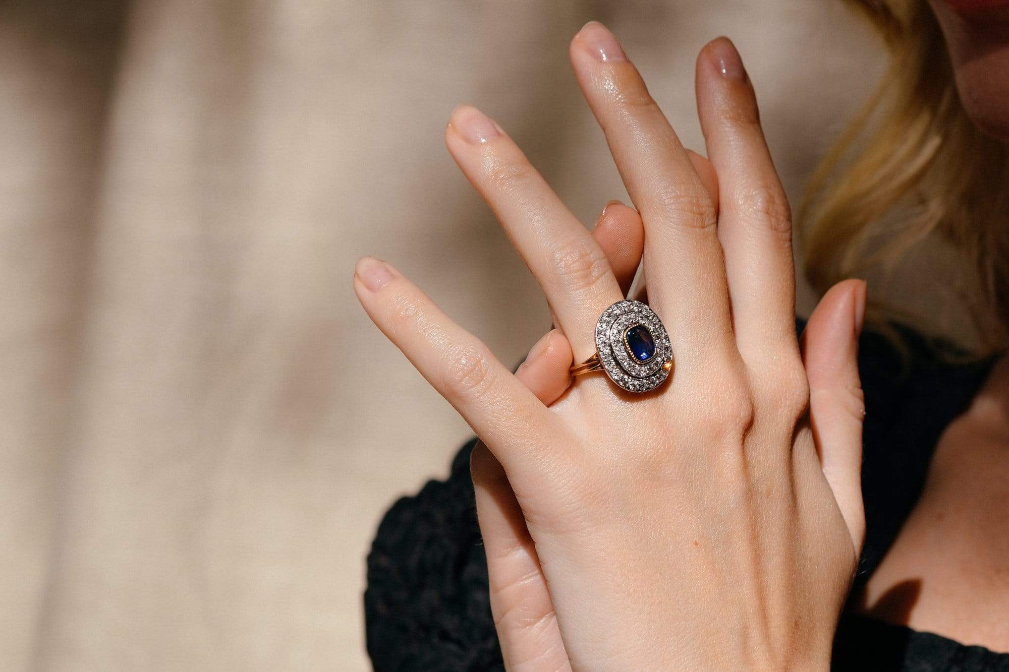 Edwardian 1.50 Cushion Sapphire and Diamond Target Ring, America - Image 5