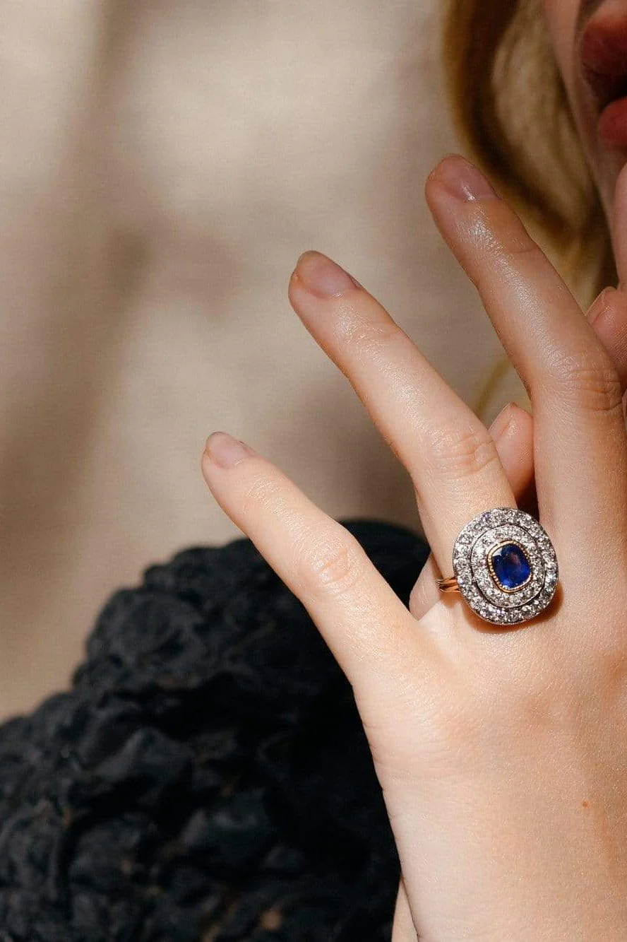 Edwardian 1.50 Cushion Sapphire and Diamond Target Ring, America - Image 6