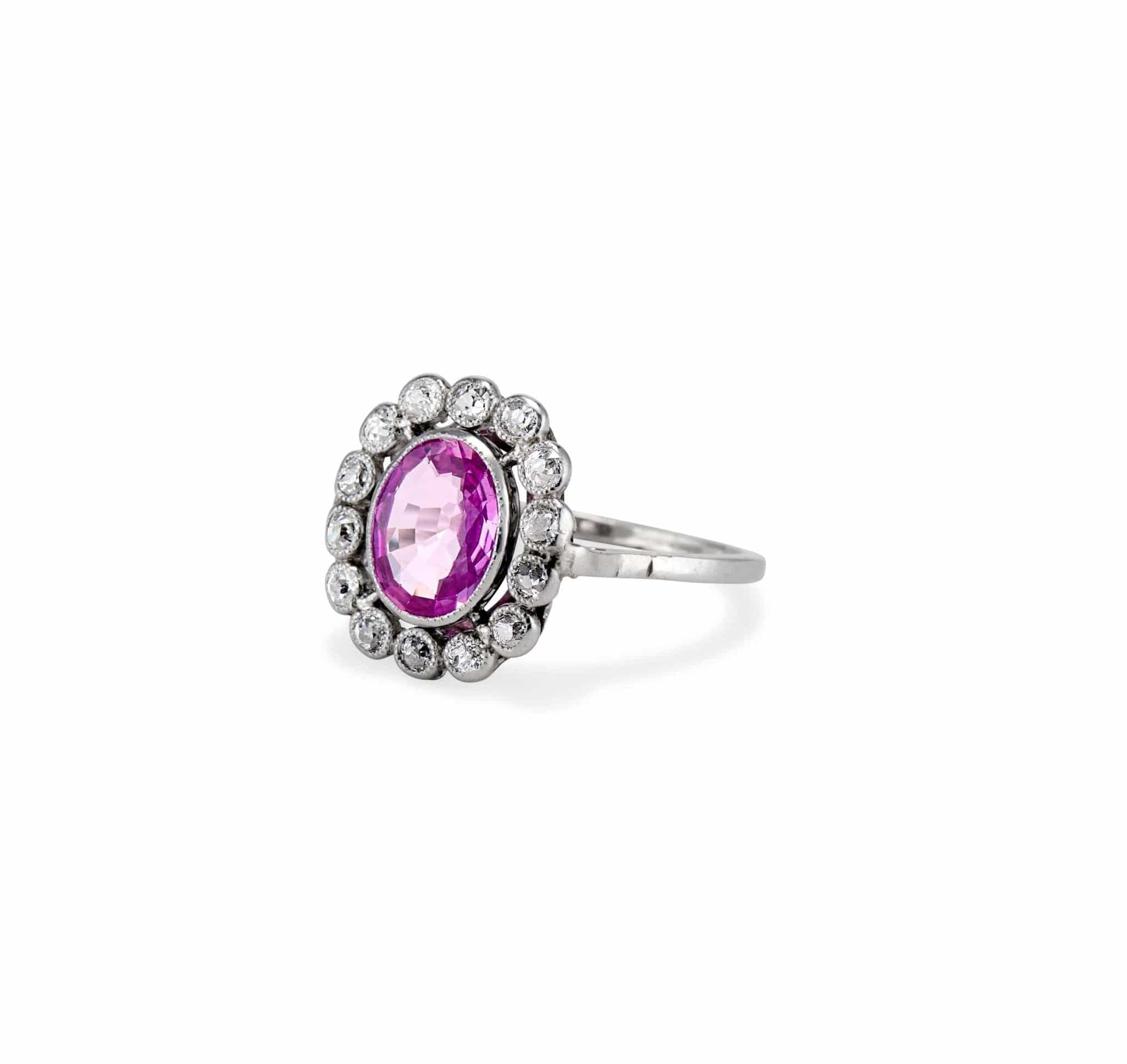 Edwardian Oval-Cut Pink Sapphire & Diamond Cluster Ring, France - Image 2