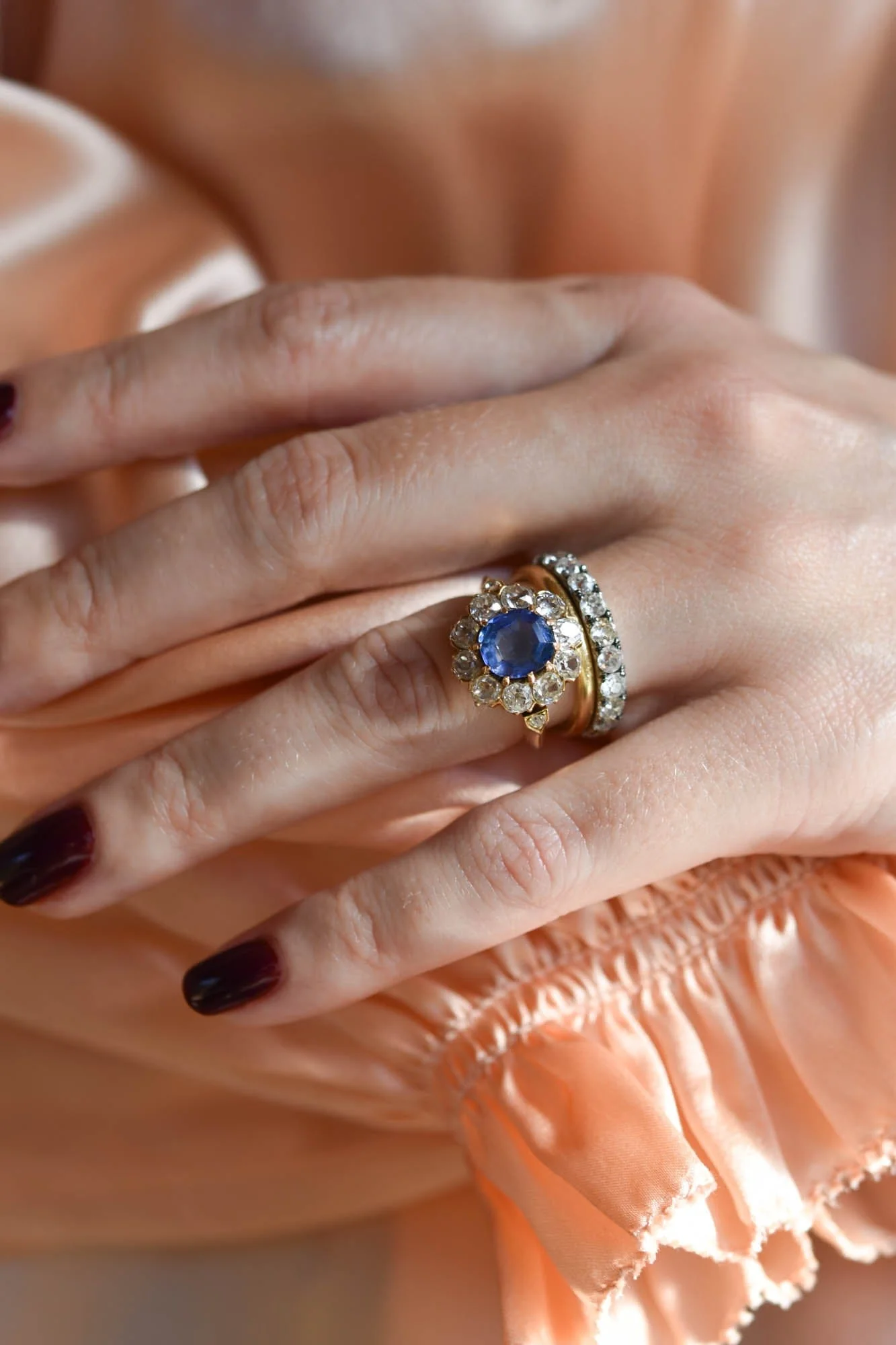 Edwardian 2.35 Carat Octagonal Cut Ceylon Sapphire & Diamond Cluster Ring - Image 2