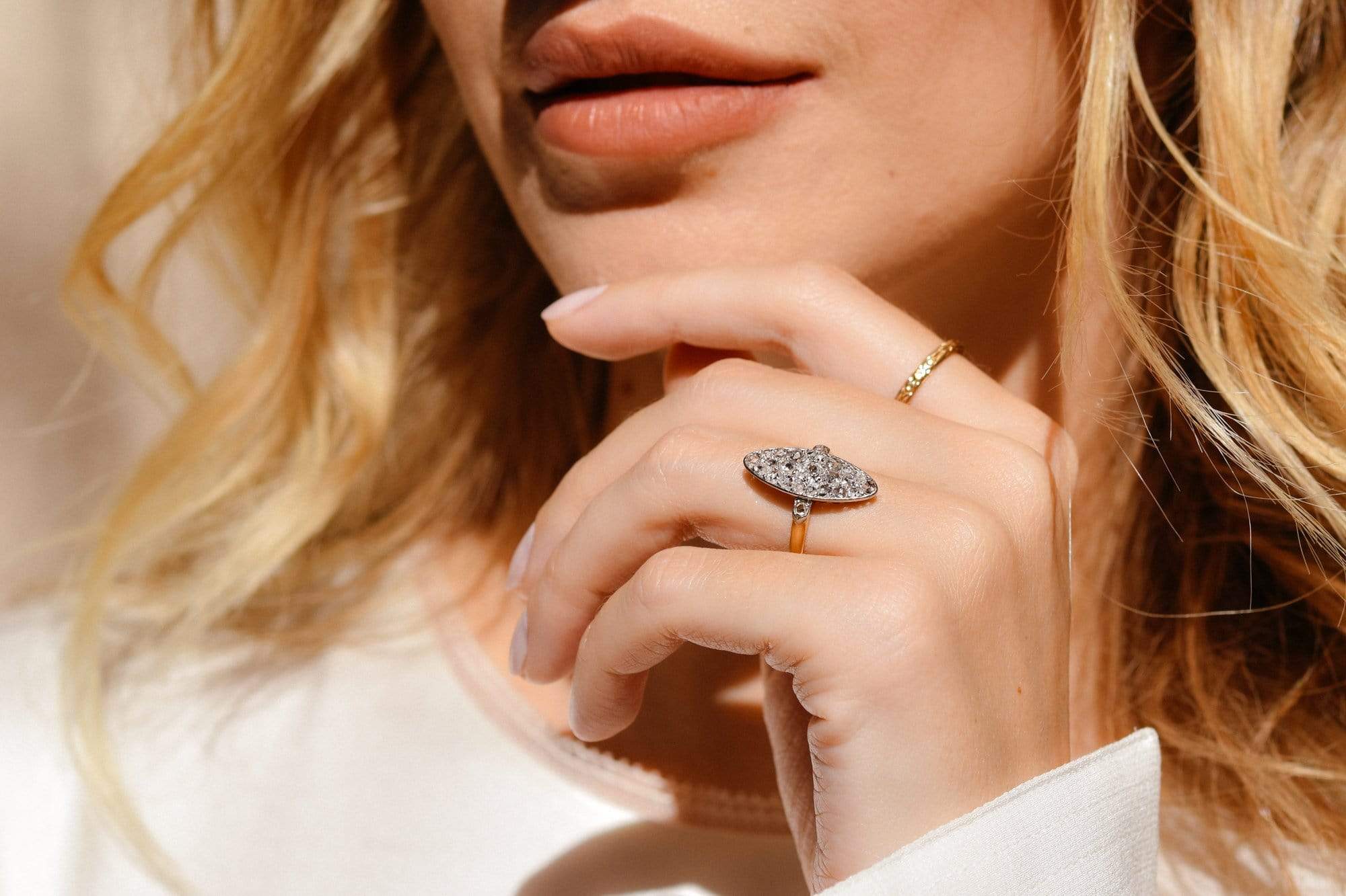 Edwardian .28 Carat Old European and Rose Cut Diamond Navette Cluster Ring - Image 5