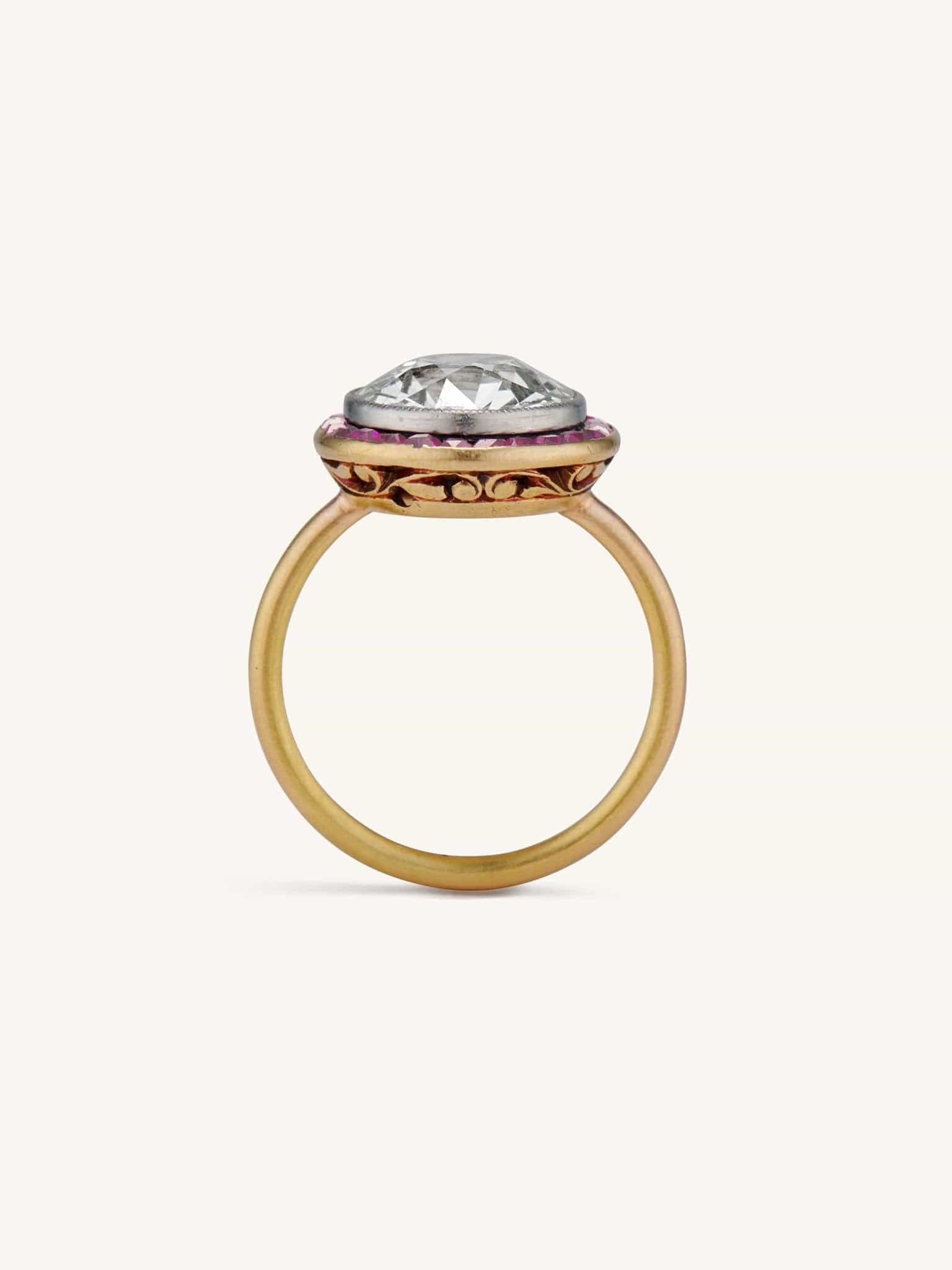 Edwardian 3.34 Carat Old European Cut Diamond & Ruby Halo Engagement Ring - Image 4
