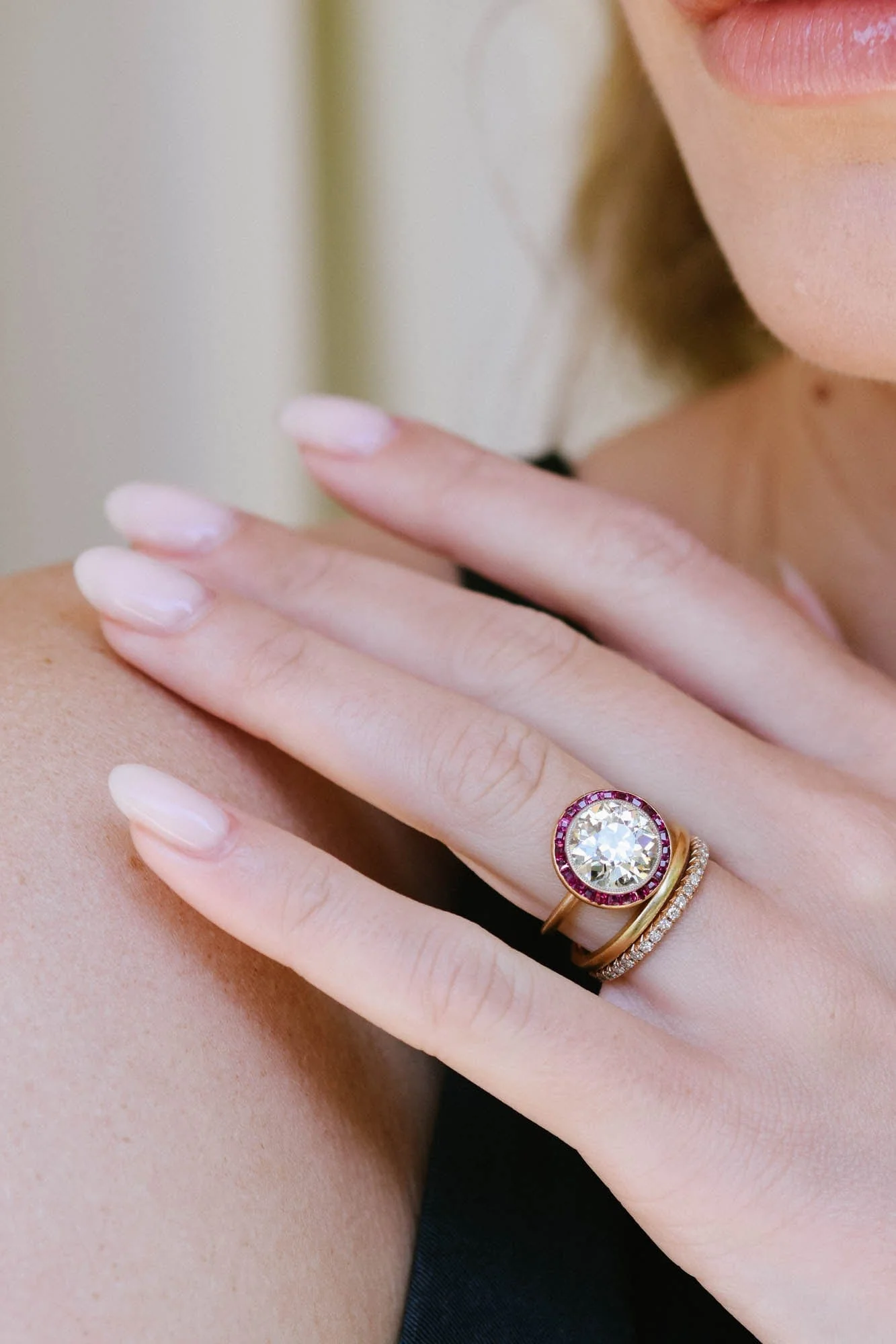 Edwardian 3.34 Carat Old European Cut Diamond & Ruby Halo Engagement Ring - Image 5